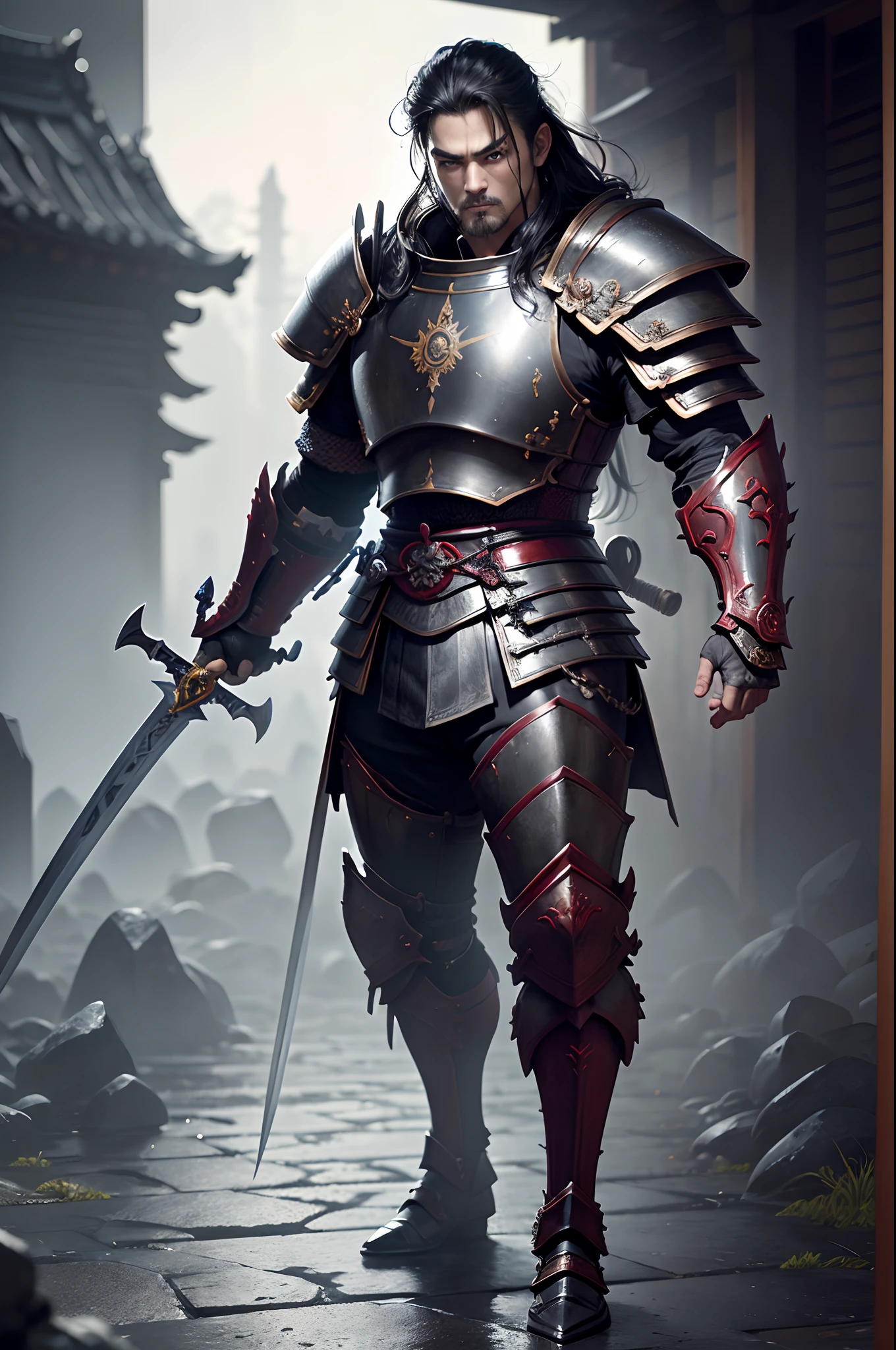 Boys in 8K resolution(full body Esbian:1.3)shots、splashart、Fantastic cartoon style、Appearance of a samurai in a boy's Japan in photorealistic、Anatomical Photorealistic Digital Painting(shoun:1.3)Portrait of a boy(samurais:1.3)Black Japan samurai armor complex(heavily armored:1.3)A dark-haired(Dark and moody universe:1.3)、Black clothe,light particules、highlydetailed skin、Demon Slayer、extremely detailed eye、 (Elden Ring-style:1.1)、(warhammer style:1.3)、Concept Artist、globalillumination、depth of fields、splashart、art by:artgerm、by Greg Rutkowsky、viktoria gavrilenko,Has a very large sword,Holding a large sword,japanese samurai,