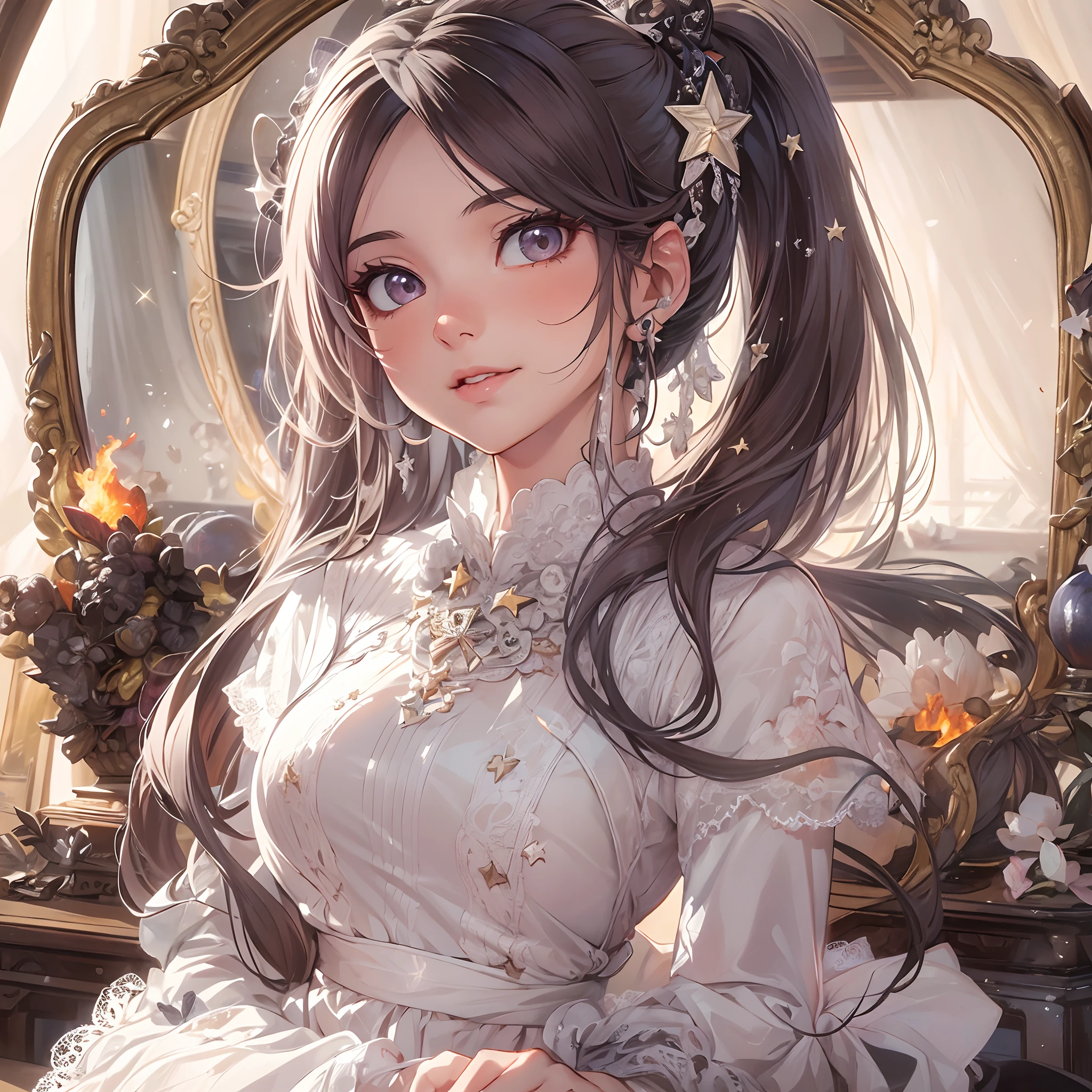((Masterpiece, Highest quality)), Detailed face, CharacterDesignSheet, full bodyesbian, Full of details, Multiple poses and expressions, Highly detailed, Depth, Many parts,Beautiful Maid,fenghuang,double-ponytail,estilo fantasia,Surrounded by flames,Extremely beautiful,High Balance, Natural light, Lace,lacepantyhose,Star decoration,mirror surface