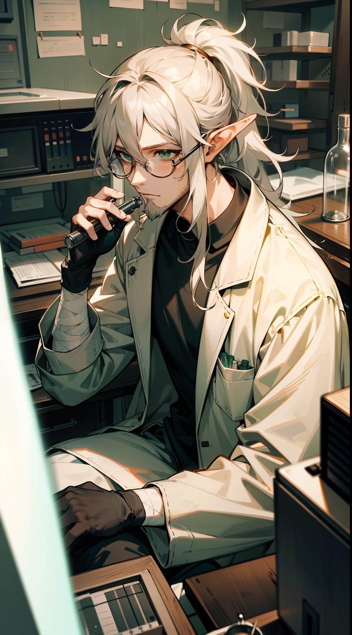 1adult man, 40 years old,beard,solo, long hair,disheveled hair,messy hair,elf ear,gray hair,green eyes, tired eyes,sitting,hair in a ponytail, no bangs, glasses, scientist, holding a test tube, scientist outfit, white coat, portrait, in the laboratory, computer screens, test tubes, gloves, bandaged hands,