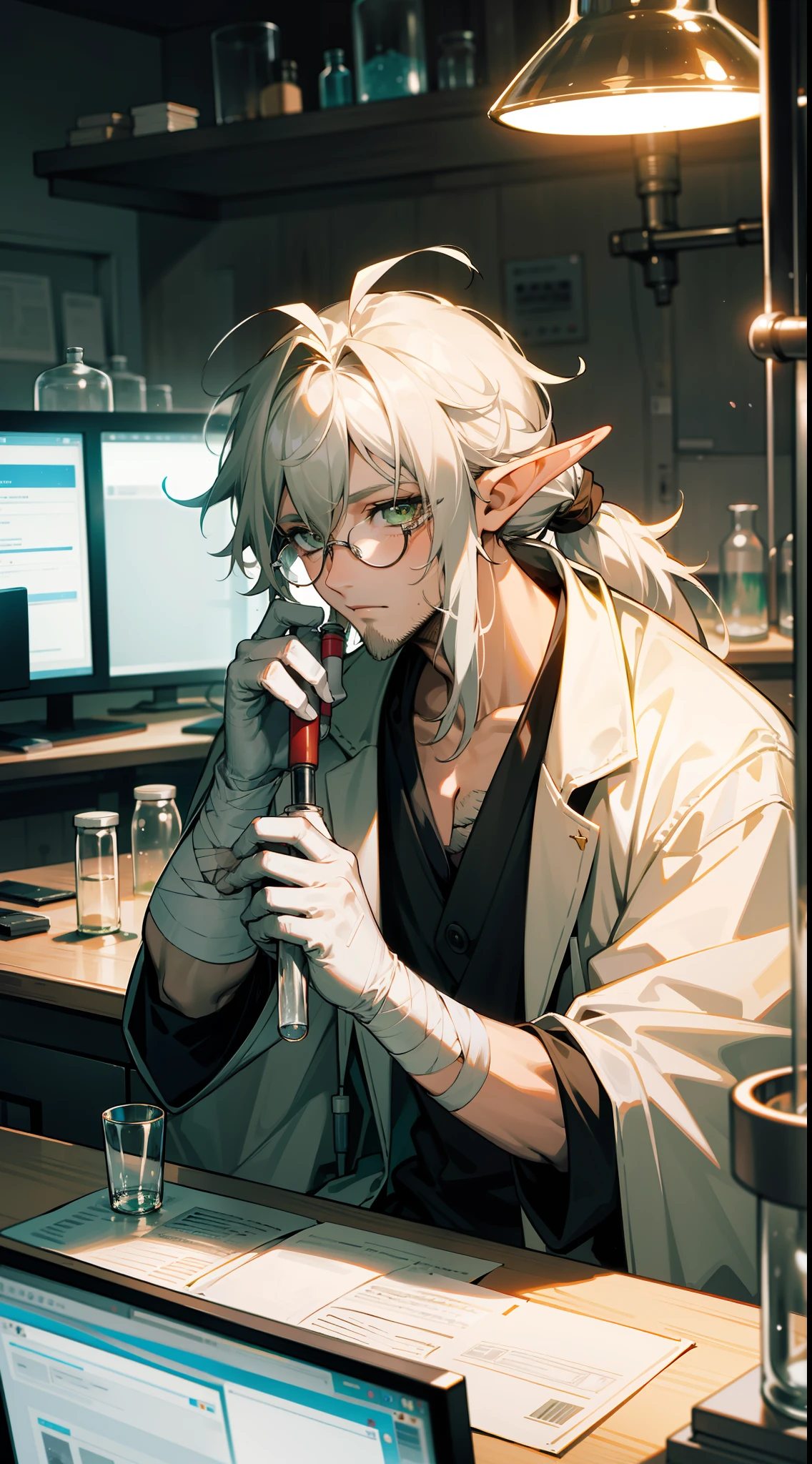1adult man, 40 years old,beard,solo, long hair,disheveled hair,messy hair,elf ear,gray hair,green eyes, tired eyes,sitting,hair in a ponytail, no bangs, glasses, scientist, holding a test tube, scientist outfit, white coat, portrait, in the laboratory, computer screens, test tubes, gloves, bandaged hands,