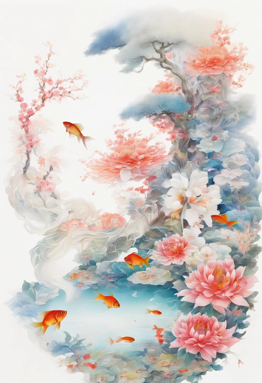 huaniao, [(White background:1.5)::5], Medium Shot Shot, Chinese style, Flowers,((Fish)),stone fragment, beautiful detailed  water,pool,