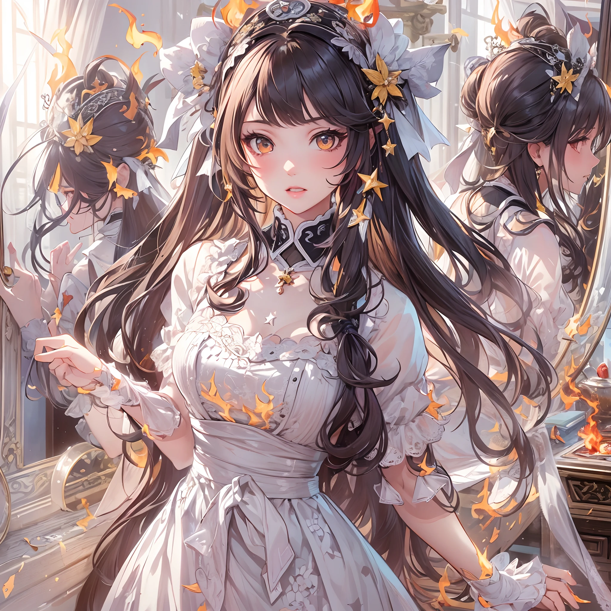 ((Masterpiece, Highest quality)), Detailed face, CharacterDesignSheet， full bodyesbian, Full of details, Multiple poses and expressions, Highly detailed, Depth, Many parts，Beautiful Maid，fenghuang，double-ponytail，estilo fantasia，Surrounded by flames，Extremely beautiful，High Balance, Natural light, Lace，lacepantyhose，Star decoration，mirror surface