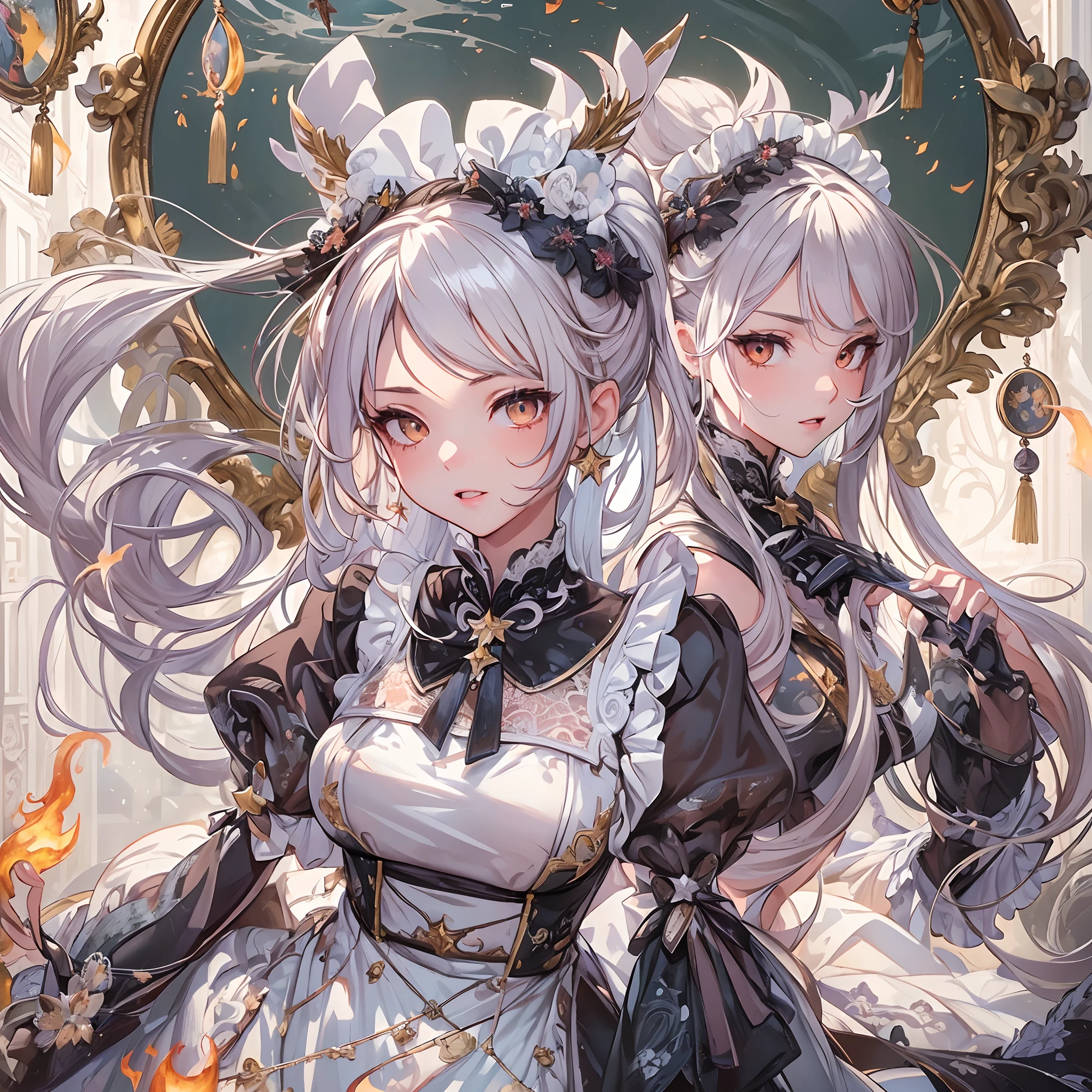 ((Masterpiece, Highest quality)), Detailed face, CharacterDesignSheet, full bodyesbian, Full of details, Multiple poses and expressions, Highly detailed, Depth, Many parts,Beautiful Maid,fenghuang,double-ponytail,estilo fantasia,Surrounded by flames,Extremely beautiful,High Balance, Natural light, Lace,lacepantyhose,Star decoration,mirror surface