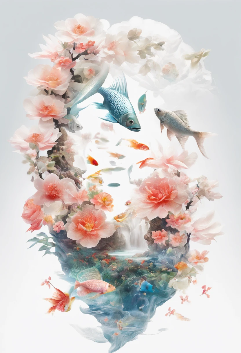 huaniao, [(White background:1.5)::5], Medium Shot Shot, Chinese style, Flowers,((Fish)),stone fragment, beautiful detailed  water,pool,