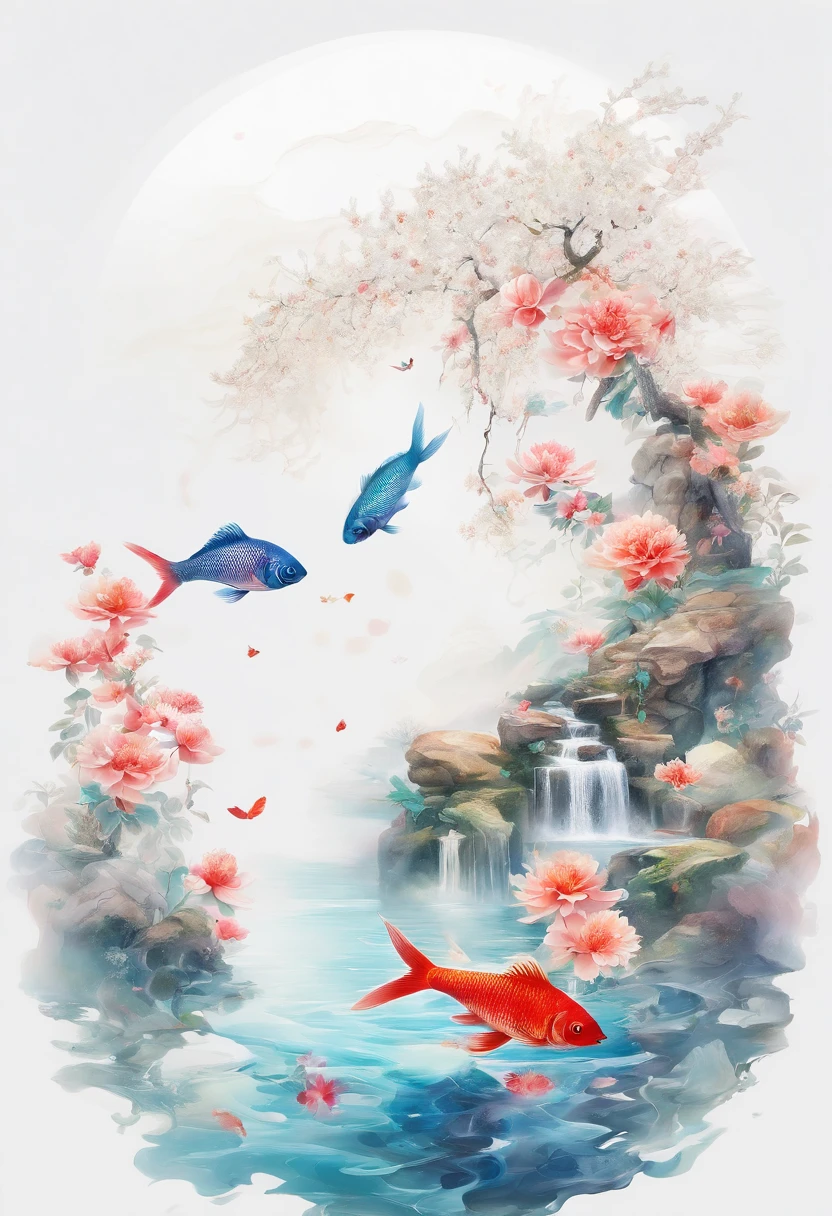 huaniao, [(White background:1.5)::5], Medium Shot Shot, Chinese style, Flowers,((Fish)),stone fragment, beautiful detailed  water,pool,