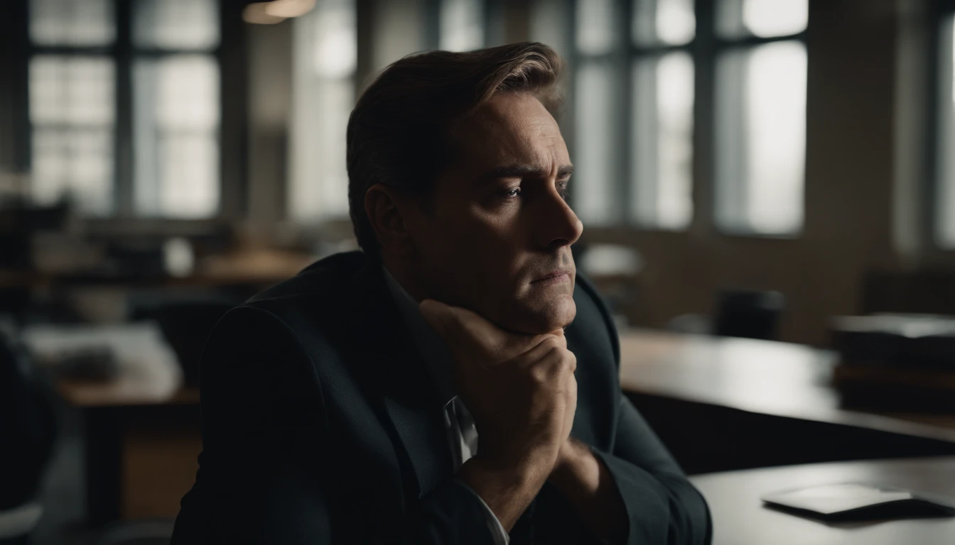 A sad person, close to collapse, in the workplace. The image should show a sad person in an office, with a despondent facial expression.