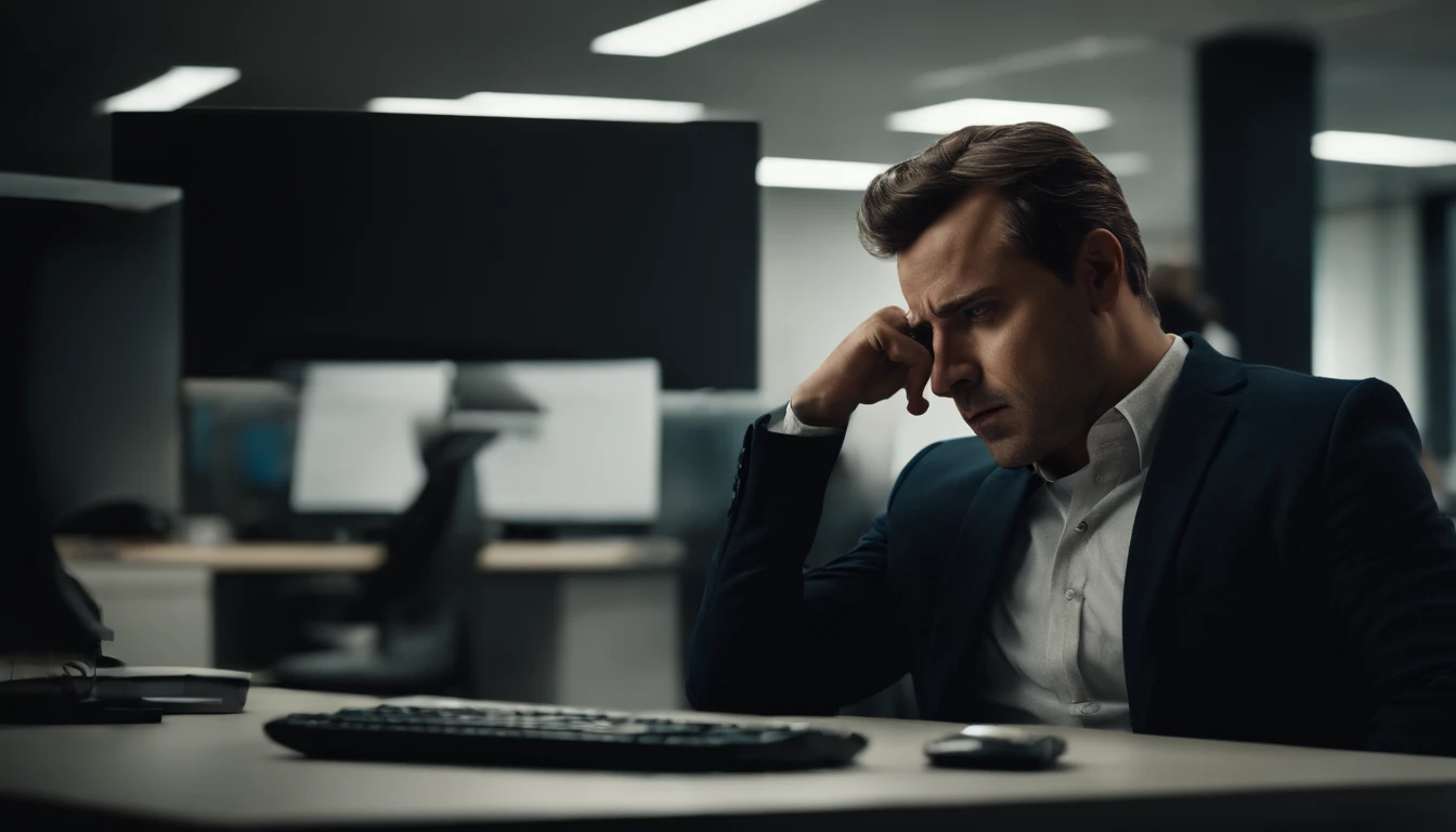 A sad person, close to collapse, in the workplace. The image should show a sad person in an office, with a despondent facial expression.