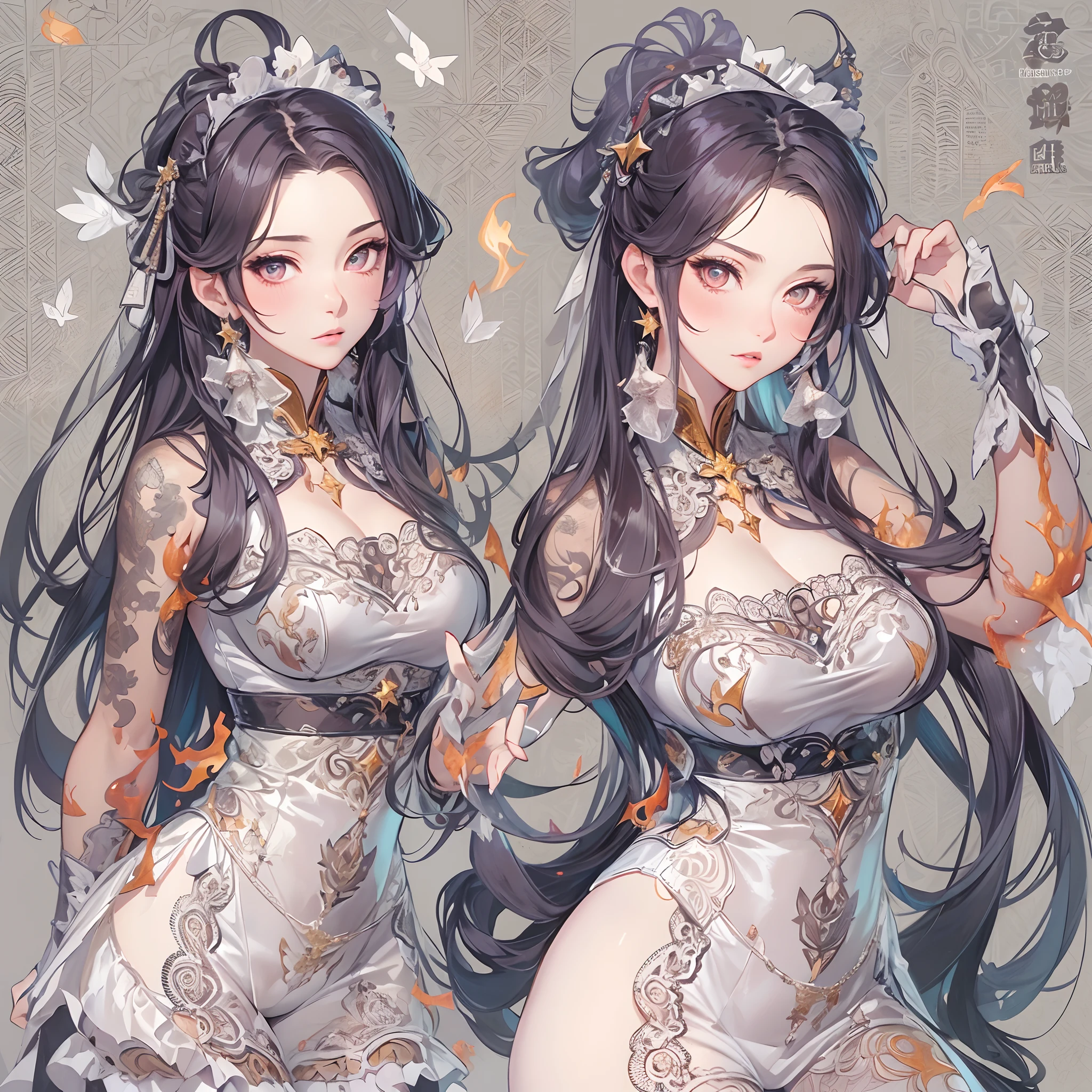 ((Masterpiece, Highest quality)), Detailed face, CharacterDesignSheet, full bodyesbian, Full of details, Multiple poses and expressions, Highly detailed, Depth, Many parts,Beautiful Maid,fenghuang,double-ponytail,estilo fantasia,Surrounded by flames,Extremely beautiful,High Balance, Natural light, Lace,lacepantyhose,Star decoration,mirror surface