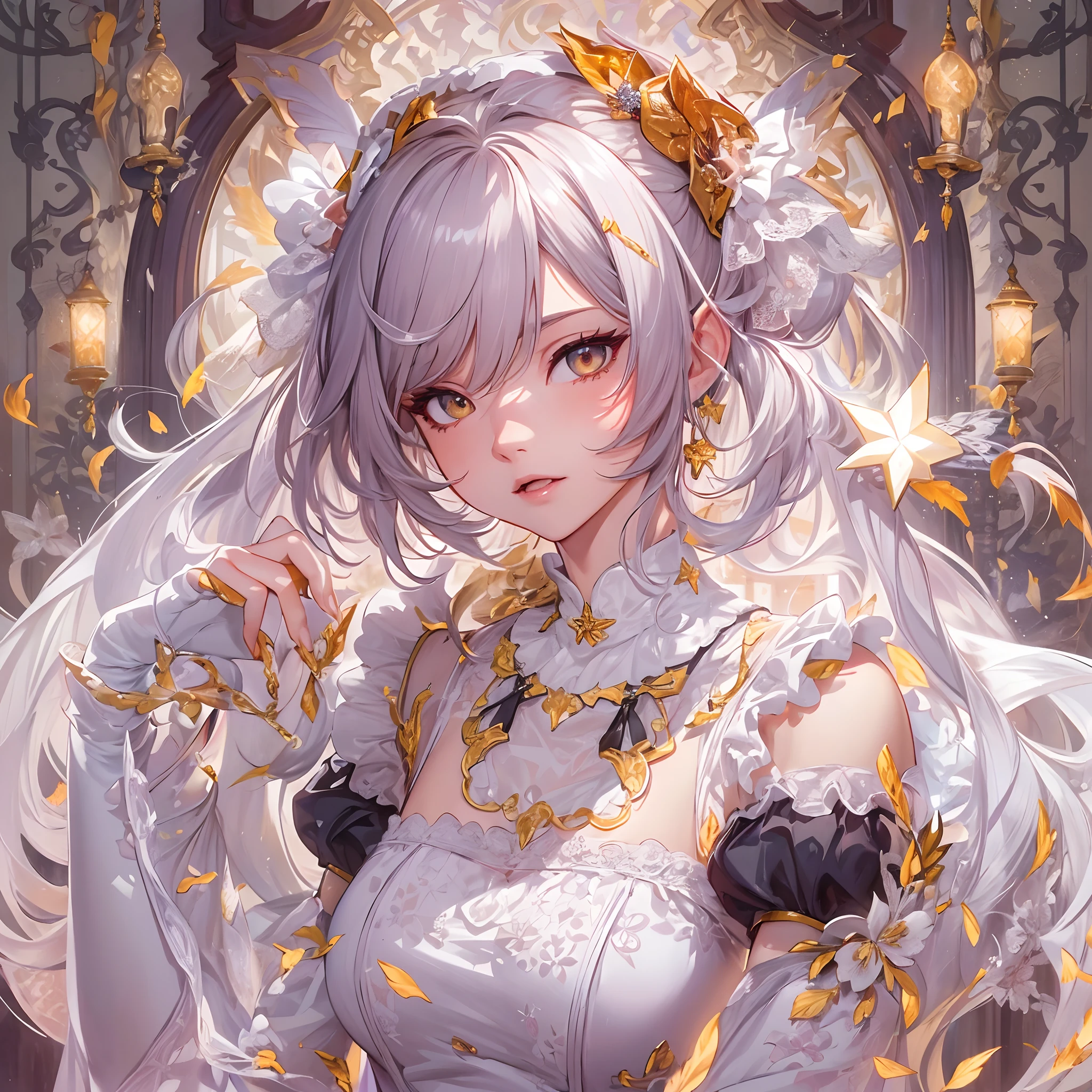 ((Masterpiece, Highest quality)), Detailed face, CharacterDesignSheet, full bodyesbian, Full of details, Multiple poses and expressions, Highly detailed, Depth, Many parts,Beautiful Maid,fenghuang,double-ponytail,estilo fantasia,Surrounded by flames,Extremely beautiful,High Balance, Natural light, Lace,lacepantyhose,Star decoration,mirror surface