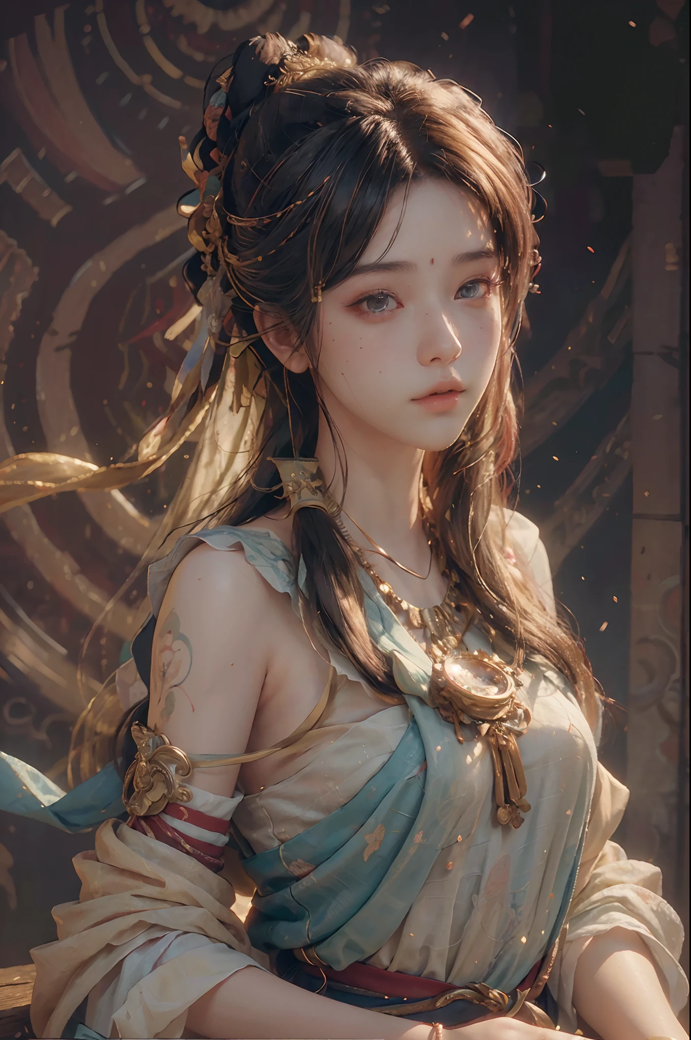 (RAW photo, best quality), (realistic, photo-realistic:1.3),best quality,highly detailed,masterpiece,ultra-detailed,illustration,1girl,upper_body,dynamic angle,world masterpiece theater,messy_long_hair,best quality,extremely detailed CG unity 8k wallpaper,ink,Amazing,cinematic lighting,lens_flare, dunhuang_style