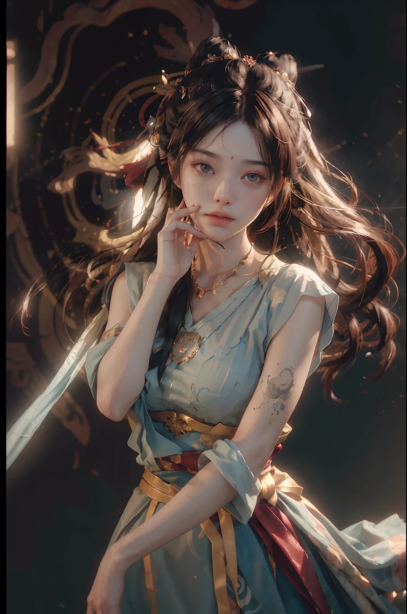 (RAW photo, best quality), (realistic, photo-realistic:1.3),best quality,highly detailed,masterpiece,ultra-detailed,illustration,1girl,upper_body,dynamic angle,world masterpiece theater,messy_long_hair,best quality,extremely detailed CG unity 8k wallpaper,ink,Amazing,cinematic lighting,lens_flare, dunhuang_style