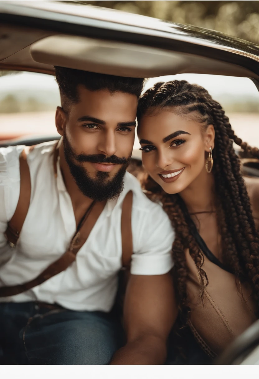 "Generate a high-resolution image of a young Brazilian couple deeply in love. They are in a car, with the man driving and the woman seated beside him. Use intense neutral colors for their matching casual outfits. She wears a heart-shaped necklace with a pendant, hoop earrings, and bold lipstick. He has braided hair (cornrows) and a full beard, mustache, and goatee. The image should be in vector format and have a clear 1-centimeter margin inside a 4x4 frame."