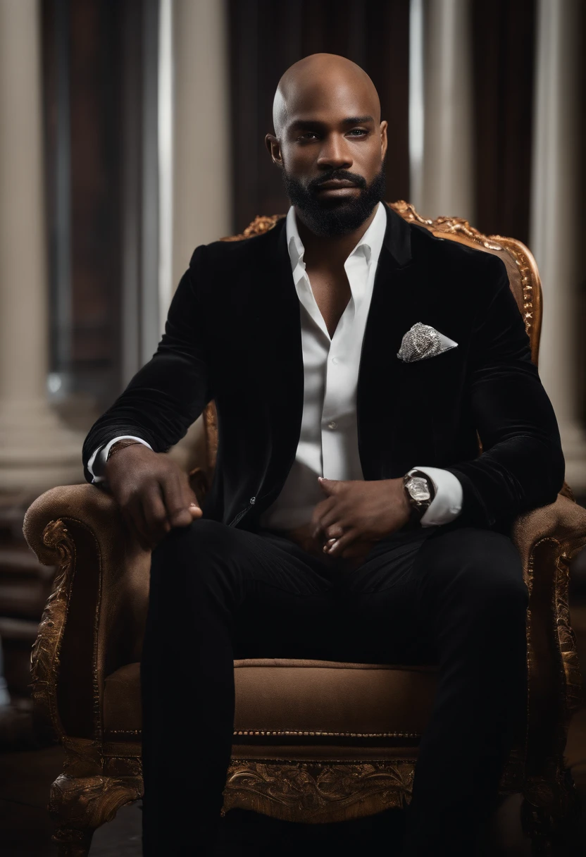brown skin man,physically well built, sitting on throne,crown,very short beard,bald,black business attire