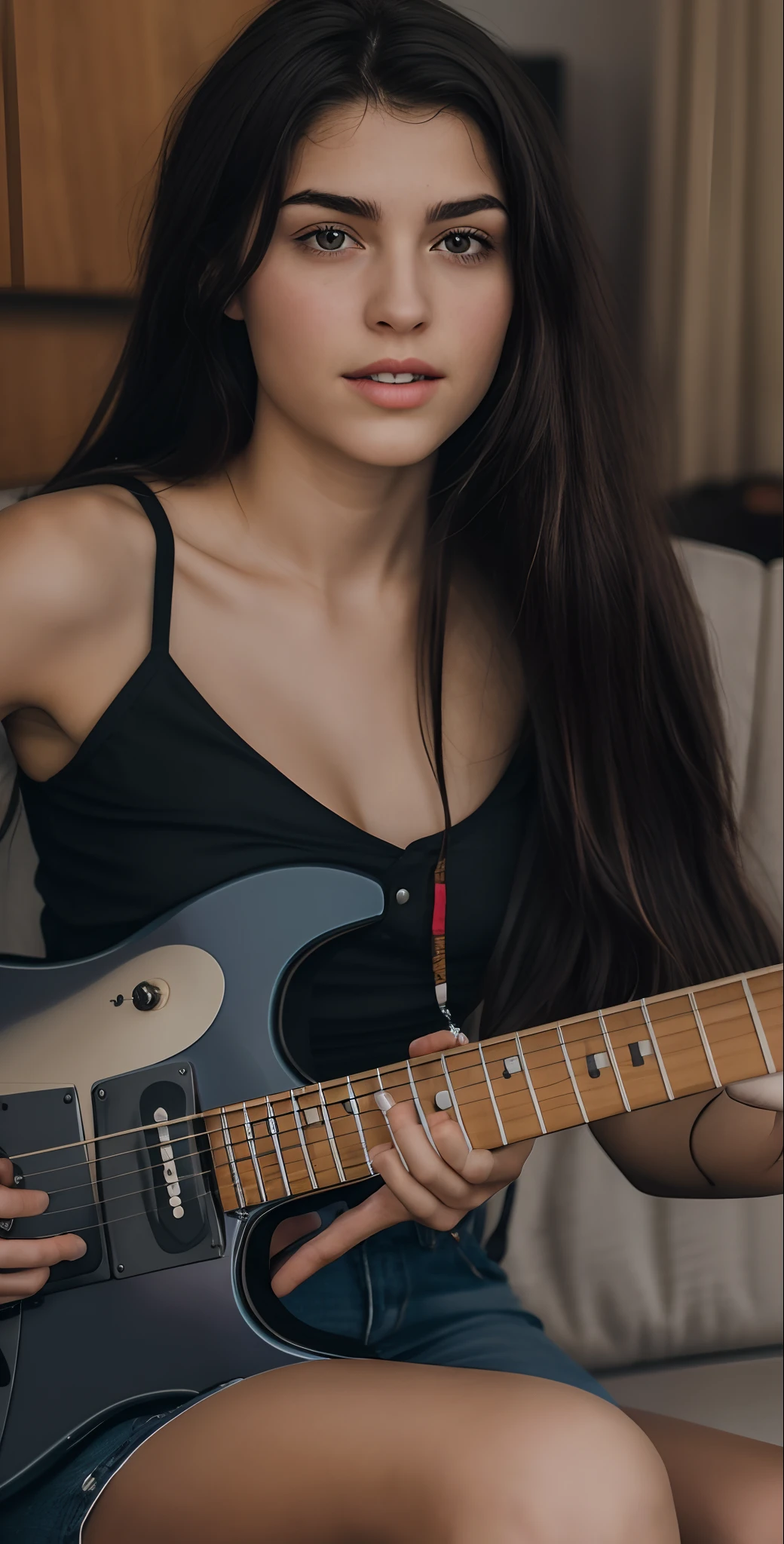 Mulher bonita segurando uma guitarra em suas costas para esconder o corpo nu