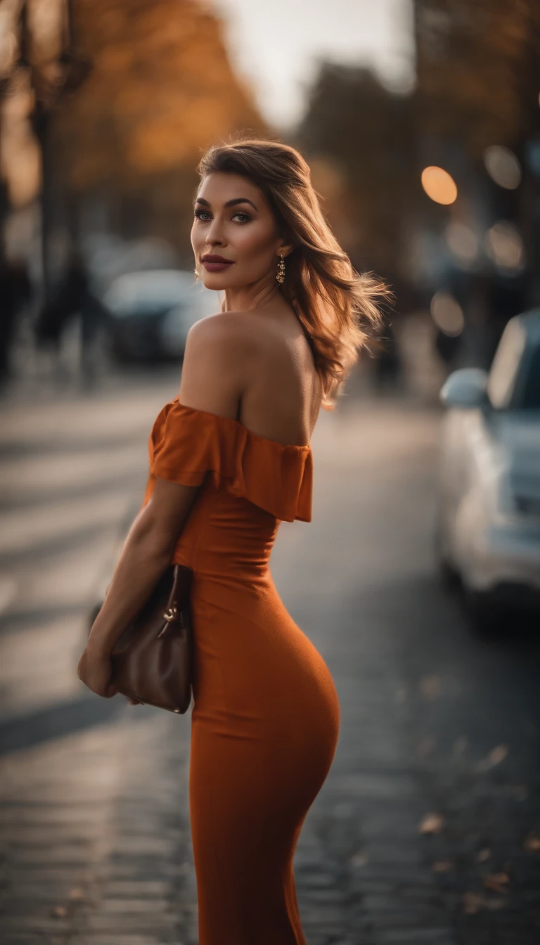 a woman posing on the street corner with orange dress on, best quality, 1girl, large breast, day, bright, blur background, bokeh, outdoor, (street:0.8), (people, crowds:0.8), (off-shoulder dress:1.2), gorgeous, (braided bangs:1.2), beautiful detailed sky, (dynamic pose:1.2), soft lighting, wind, shiny skin, (upper body:0.8), (freckles:0.8), mole under mouth,