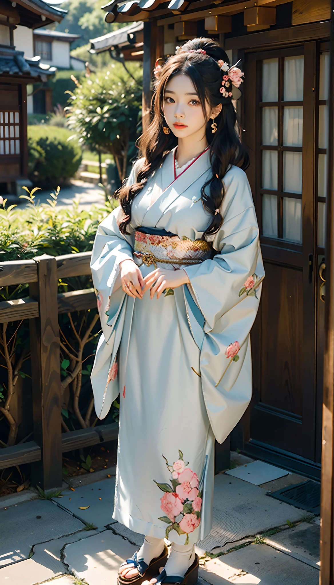 meticulous portrayal of face,1 noblewoman,(Hairpins),(Camellia kimono),(Long flowing colored hair),Simple and elegant Japanese clothing,Collar,(black sock+,clogs), s the perfect face, perfect hand, Perfect Finger, Perfect lips, perfect eyes,Extremely normal body,Ancient Japanese town background,Perfect background