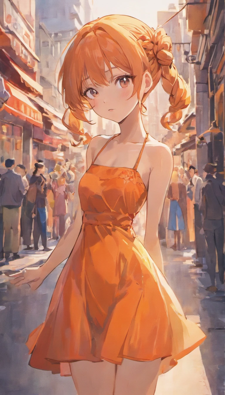 a woman posing on the street corner with orange dress on, best quality, 1girl, large breast, day, bright, blur background, bokeh, outdoor, (street:0.8), (people, crowds:0.8), (off-shoulder dress:1.2), gorgeous, (braided bangs:1.2), beautiful detailed sky, (dynamic pose:1.2), soft lighting, wind, shiny skin, (upper body:0.8), (freckles:0.8), mole under mouth,