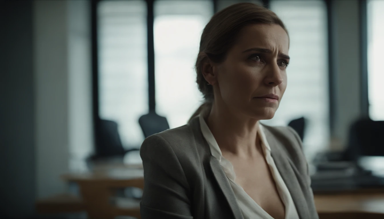 A sad woman, close to collapse, in the workplace. The image should show a sad person in an office, with a despondent facial expression.