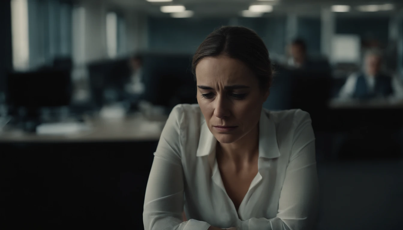 A sad woman, close to collapse, in the workplace. The image should show a sad person in an office, with a despondent facial expression.
