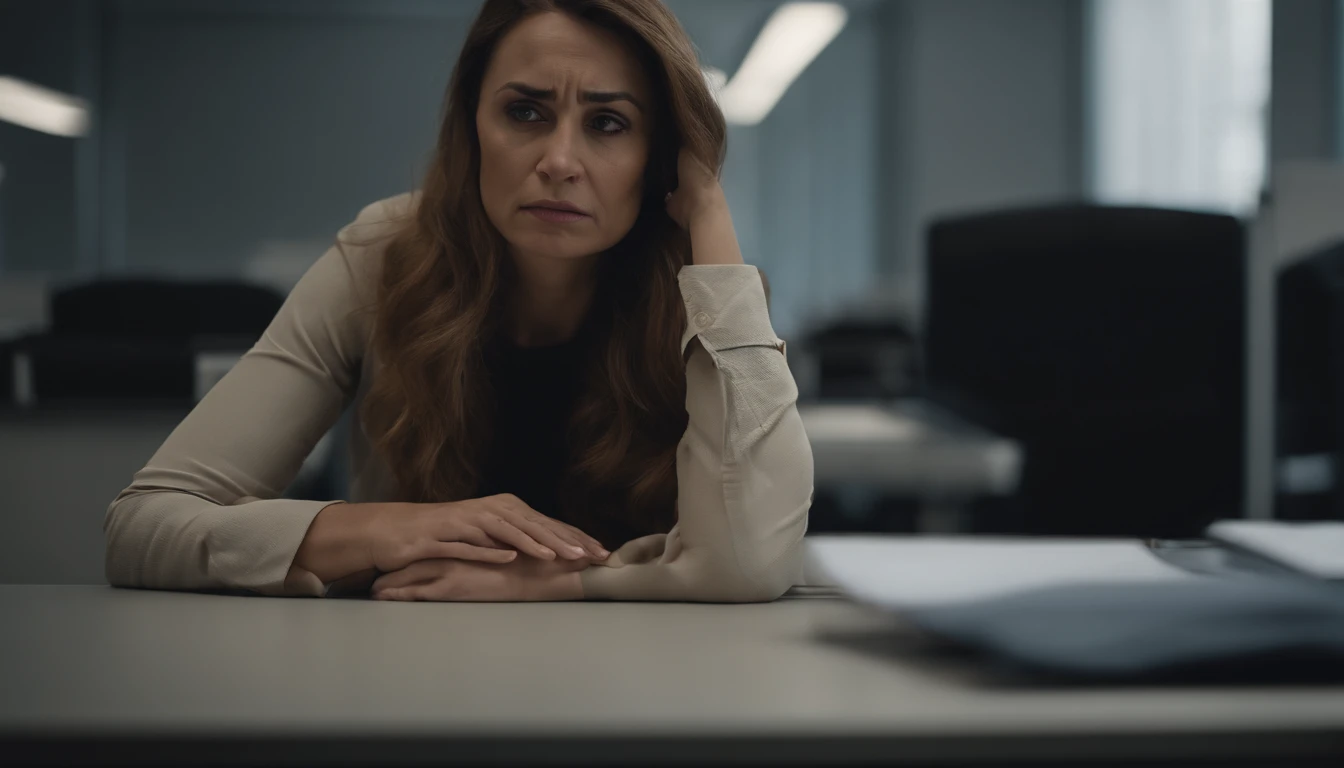 A sad woman, close to collapse, in the workplace. The image should show a sad person in an office, with a despondent facial expression.