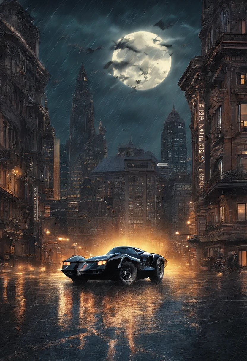 (best quality,4k,8k,highres,masterpiece:1.2),ultra-detailed,(realistic,photorealistic,photo-realistic:1.37),Bruce Wayne, bat man, dark knight, muscular, dramatic lighting, intense gaze, detailed suit, brooding expression, city skyline, billowing cape, stealthy movements, concealed weapons, Batmobile, Grapnel Gun, Bat Signal, Gotham City, raining night, high-tech gadgets, Gotham's protector, vigilante justice, fearless warrior, iconic symbol, symbol of hope, dark and moody atmosphere, action-packed scene