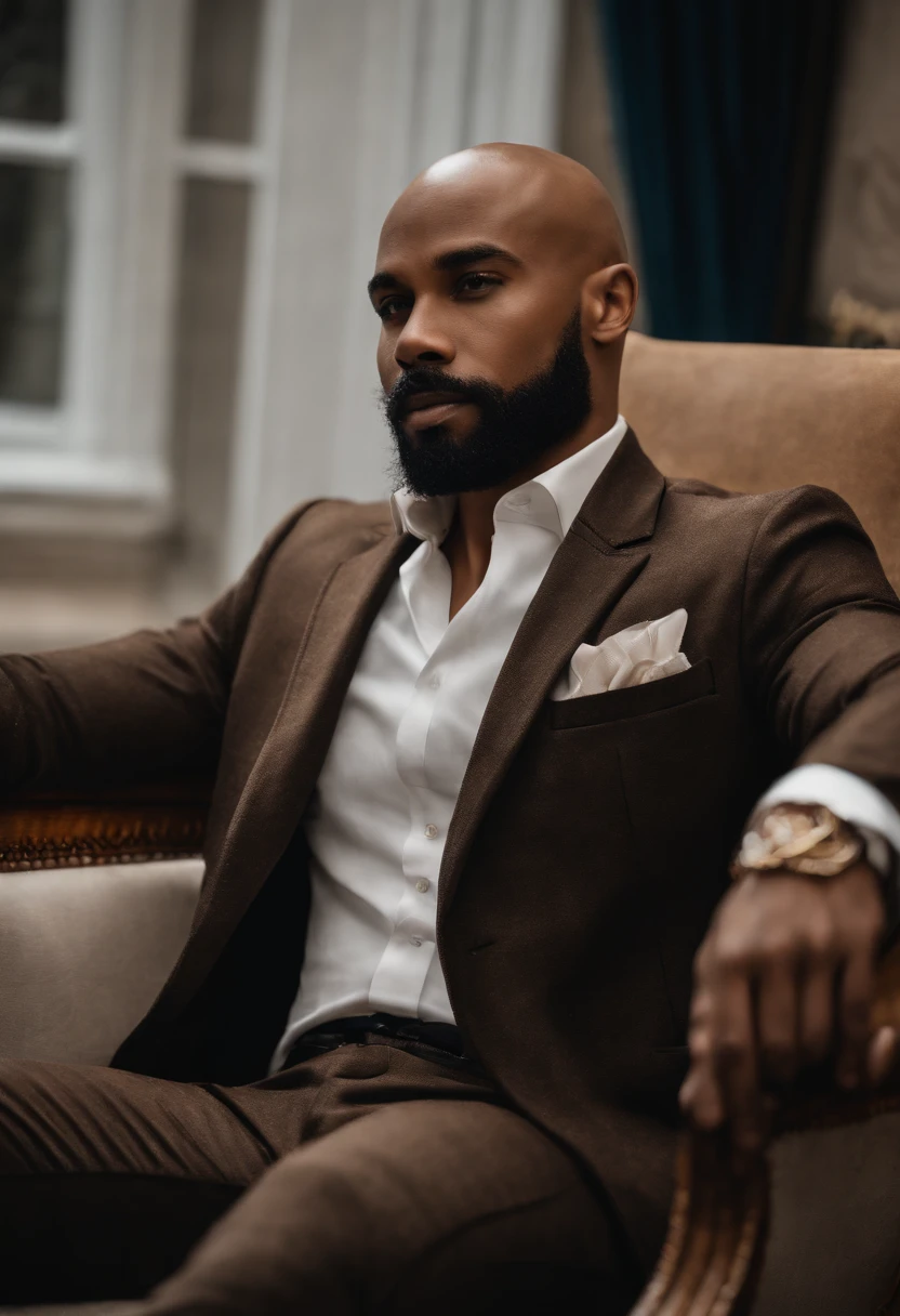 brown skin man,physically well built, sitting on throne,crown,very short beard,bald,black business attire