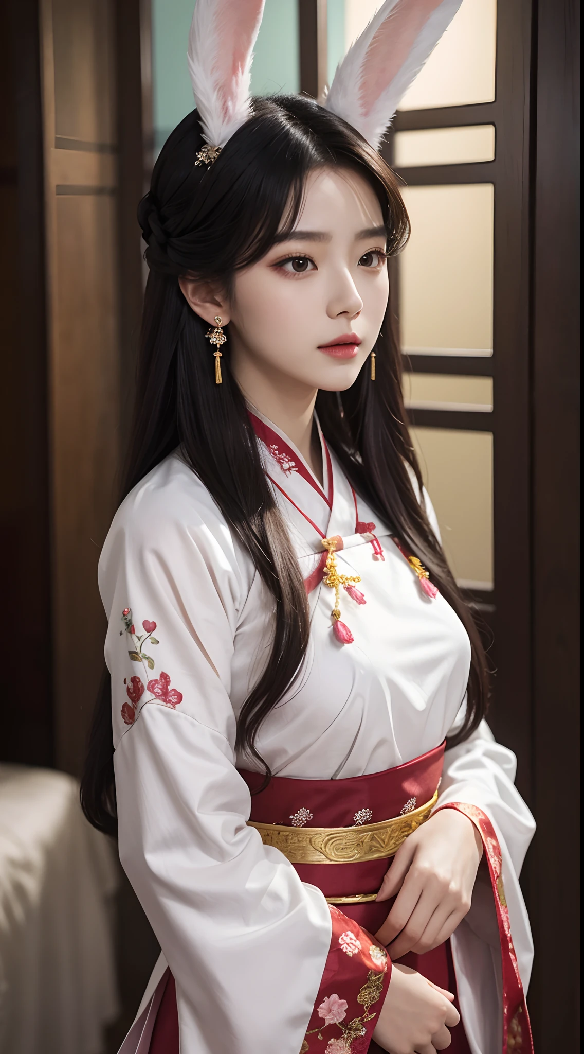 A stunning girl in a traditional hanfu costume, adorned with a thin red silk shirt featuring intricate yellow motifs. Her black lace top adds a touch of elegance to her outfit, while her light pink rabbit ears add a playful element. Her long hair is dyed a pale purple platinum, and is adorned with beautiful hair jewelry. Her pretty face is accentuated by her perfect features, and her earring jewelry adds a final touch of beauty.