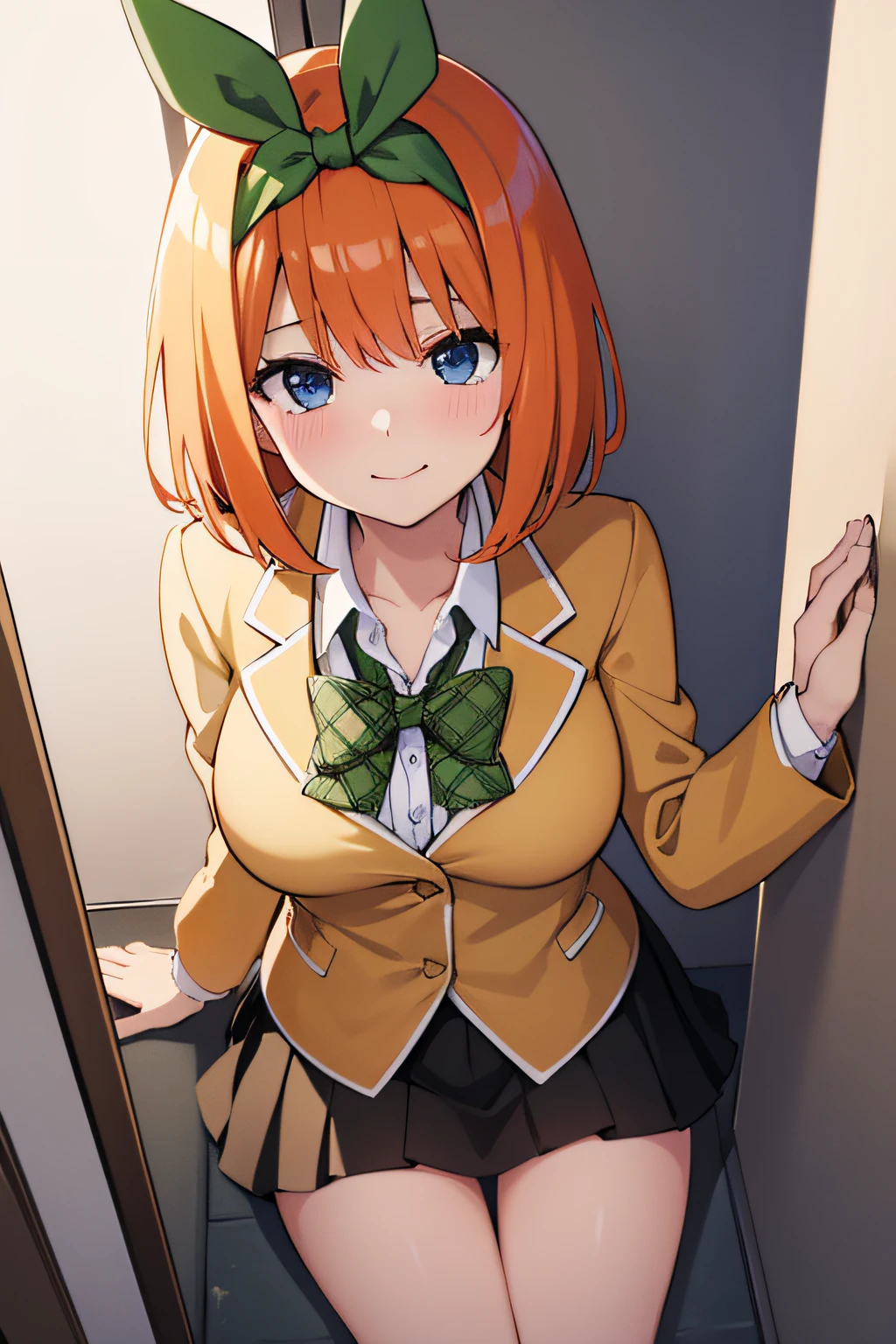 Nakano Yotsuba(The Bride of Fifths)、1girl, ​masterpiece、top-quality、NSFW, {{{pissing}}}、vagina, Orange pubic hair, {toilet room}、green hair bow, yellow sweater, black blazer,A slight smil、