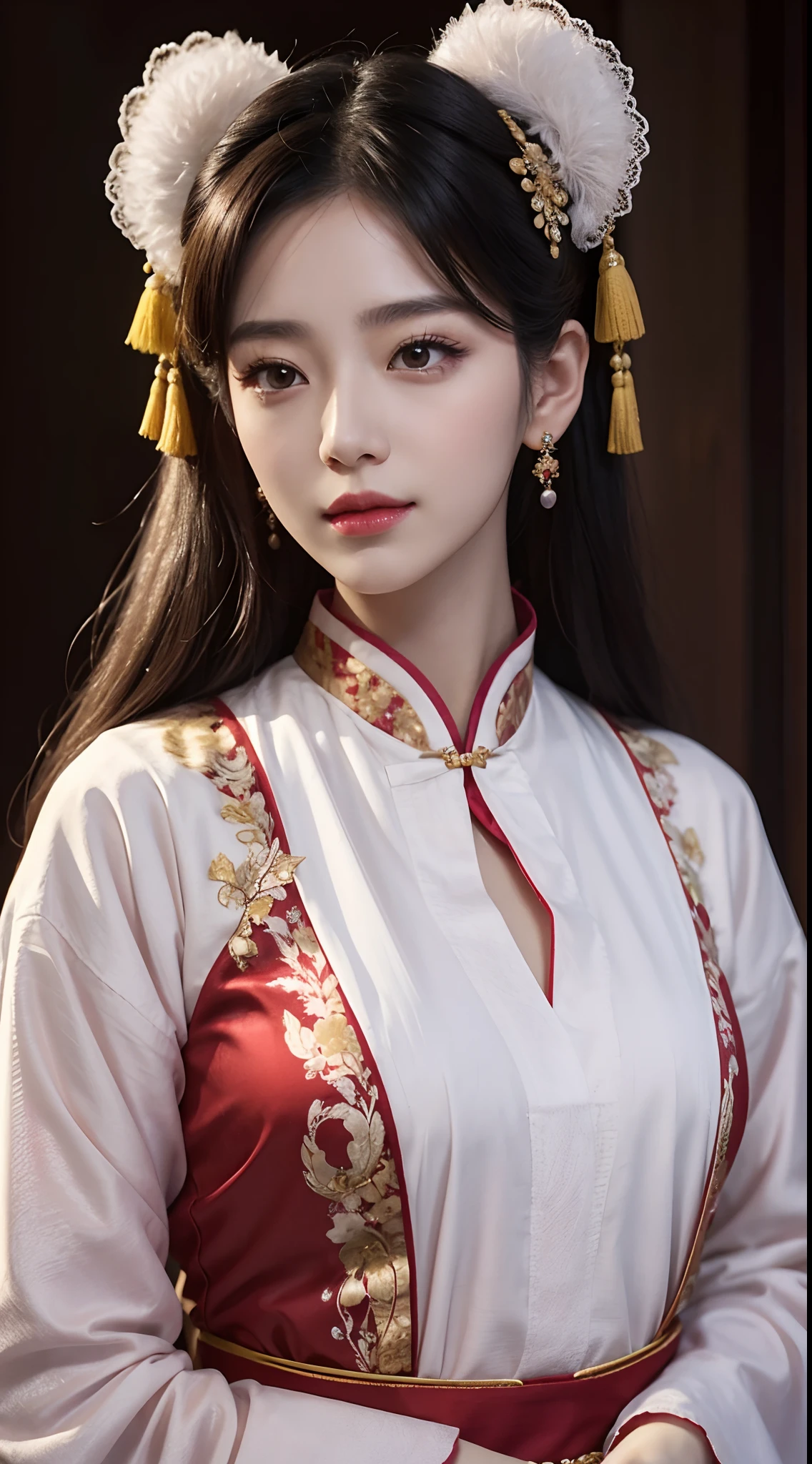 ((((8K))),((Extremely detailed CG)) ,(wallpaper),16K,((extremely delicate and beautiful)),(((masterpiece))),(((best quality))),(((超high resolution))),beautiful lights,perfect lightning,Realistic shadows,[high resolution],(Smooth and flawless fair skin:1.5),(pale skin:1.3),The facial details are extremely delicate,(Perfect body:1.1),Super detailed,a beautiful girl,alone,small head,(short ponytail:1.1),Small face,Exquisite makeup,(small breasts),flat chest,Slim,thin,happy,Smile,(Han women&#39;s headdress:1.3),collar,(lace,see through),(Gorgeously Embroidered Manchu Women&#39;s Phoenix Pattern Pajama Dress:1.3),split,Shoulders off,(Slender legs:1.2),(night view:1.5),indoor,(In a luxurious Chinese palace:1.5),(Detailed background:1.5),(permanent:1.3),(Put your arms behind your back:1.3),(Upper body:1.2),(from the front:1.3),bright light