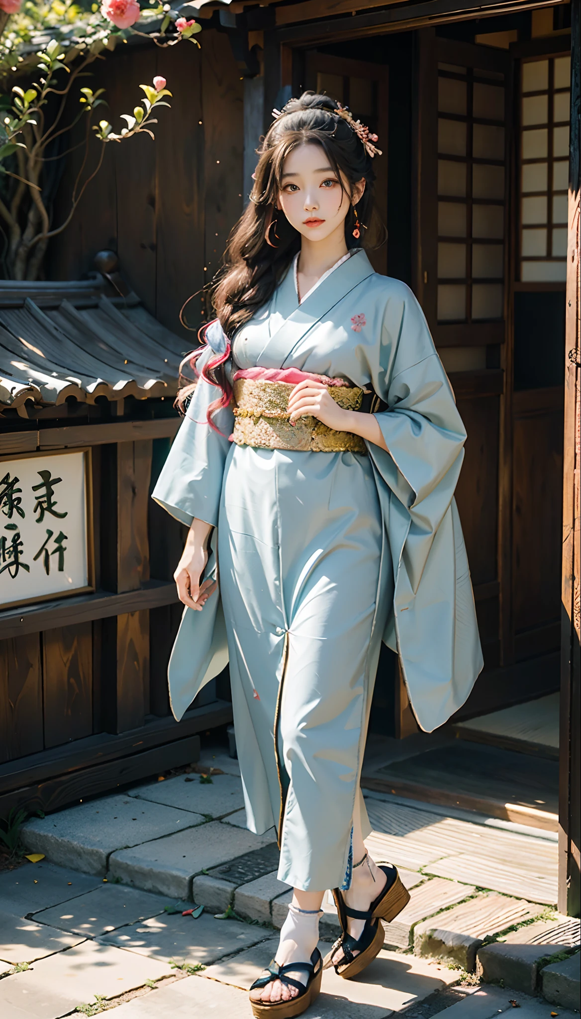 meticulous portrayal of face,1 noblewoman,(Hairpins),(Camellia kimono),(Long flowing colored hair),Simple and elegant Japanese clothing,Collar,(black sock+,clogs), s the perfect face, perfect hand, Perfect Finger, Perfect lips, perfect eyes,Extremely normal body,Ancient Japanese town background,Perfect background