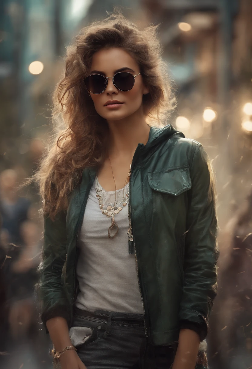 Perfect centralization, Um gatinho bonito por toda parte, Use uma jaqueta de estudante, wearing sunglasses, Usando fones de ouvido, Standing position, beleza abstrata, Centrado, looking at the camera, Facing the camera, nearing perfection, Dynamic, luar, altamente detalhado, pintura digital, art stations, Conceito-Arte, liso, foco nítido, 8k, high-definition resolution, illustration, arte de Carne Griffiths e Wadim Kashin, fundo branco