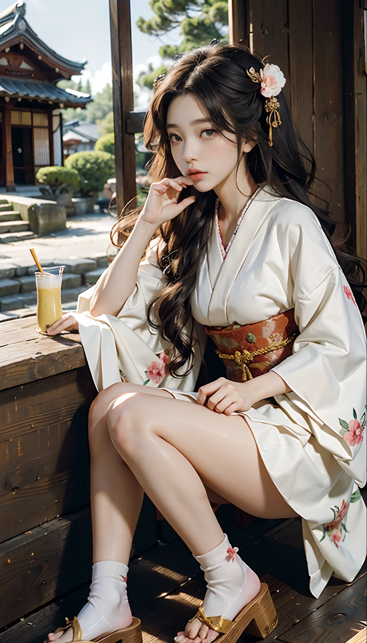 meticulous portrayal of face,1 noblewoman,(Hairpins),(Camellia kimono),(Long flowing colored hair),Simple and elegant Japanese clothing,Collar, the perfect face,Perfect Finger, perfect eyes,Extremely normal body,Ancient Japanese town background,Perfect background,Beautiful looks,Clear Eyes,Leanness,Bare feet and wooden clogs,The intelligent sparkle in his eyes,Barefoot indoors,If outdoors, wear geta,A pure and beautiful girl,Kimono underwear,Thin undergarments,No underwear rule,Are thin,Thin legs,thin thighs,the waist is very thin,Small breasts,Flat Bust,Small butt,Thin and small hips,The lower body is thin,Anatomically correct hand,Anatomically correct fingers,Anatomically correct feet,Beautiful leg style,Beautiful legs stretched out,Artistically beautiful nipples,