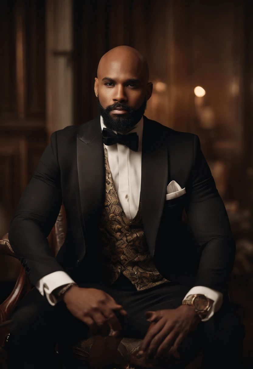 brown skin man,physically well built, sitting on throne,crown,very short beard,bald,black business attire