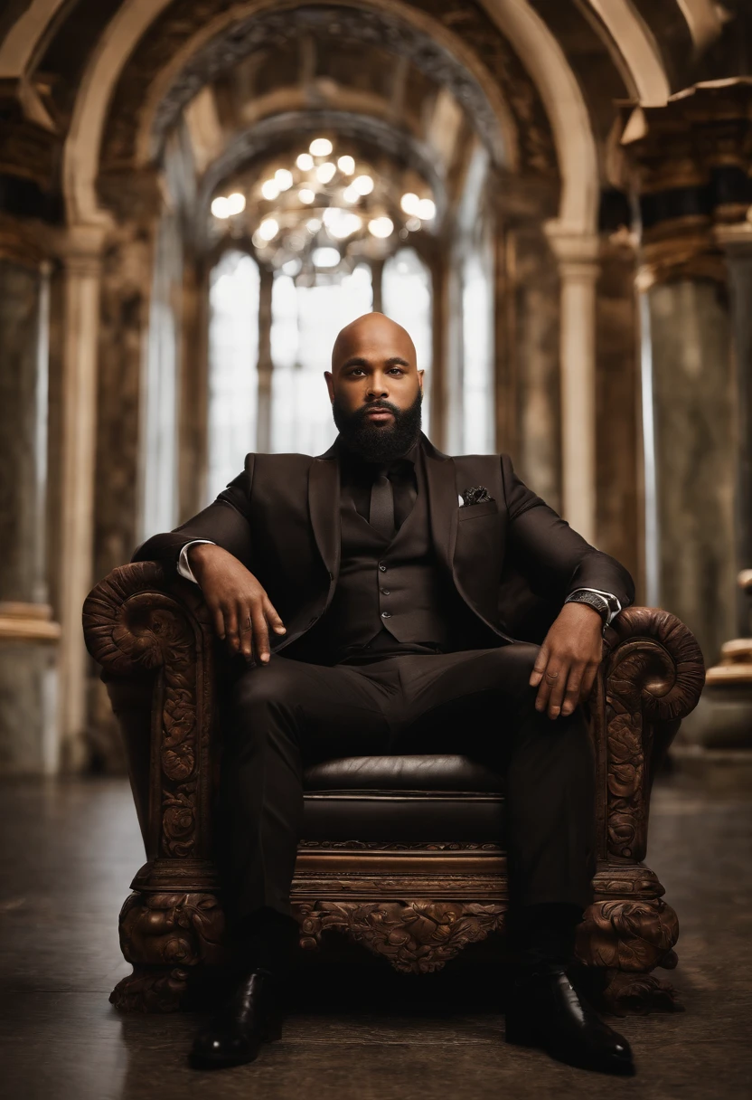 brown skin man,physically well built, sitting on throne,crown,very short beard,bald,black business attire