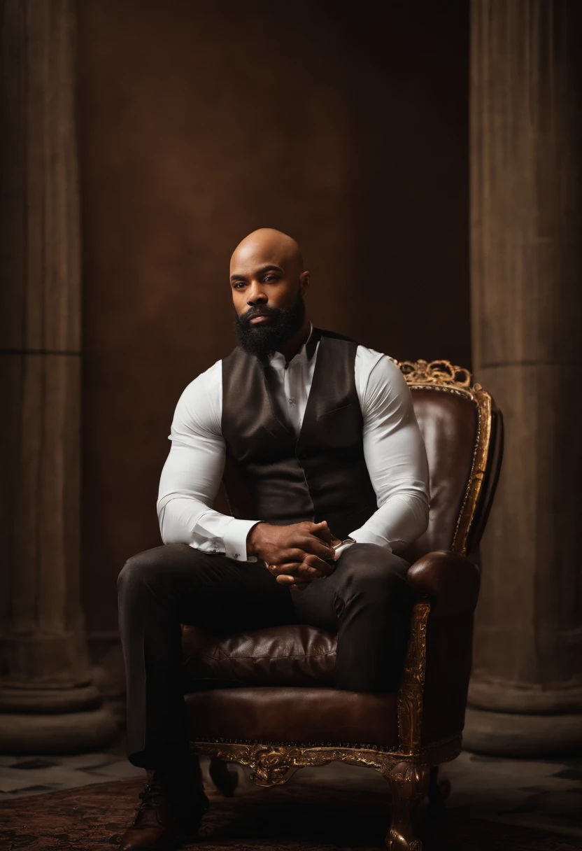 brown skin man,physically well built, sitting on throne,crown,very short beard,bald,black business attire