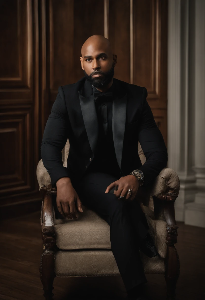 brown skin man,physically well built, sitting on throne,crown,very short beard,bald,black business attire