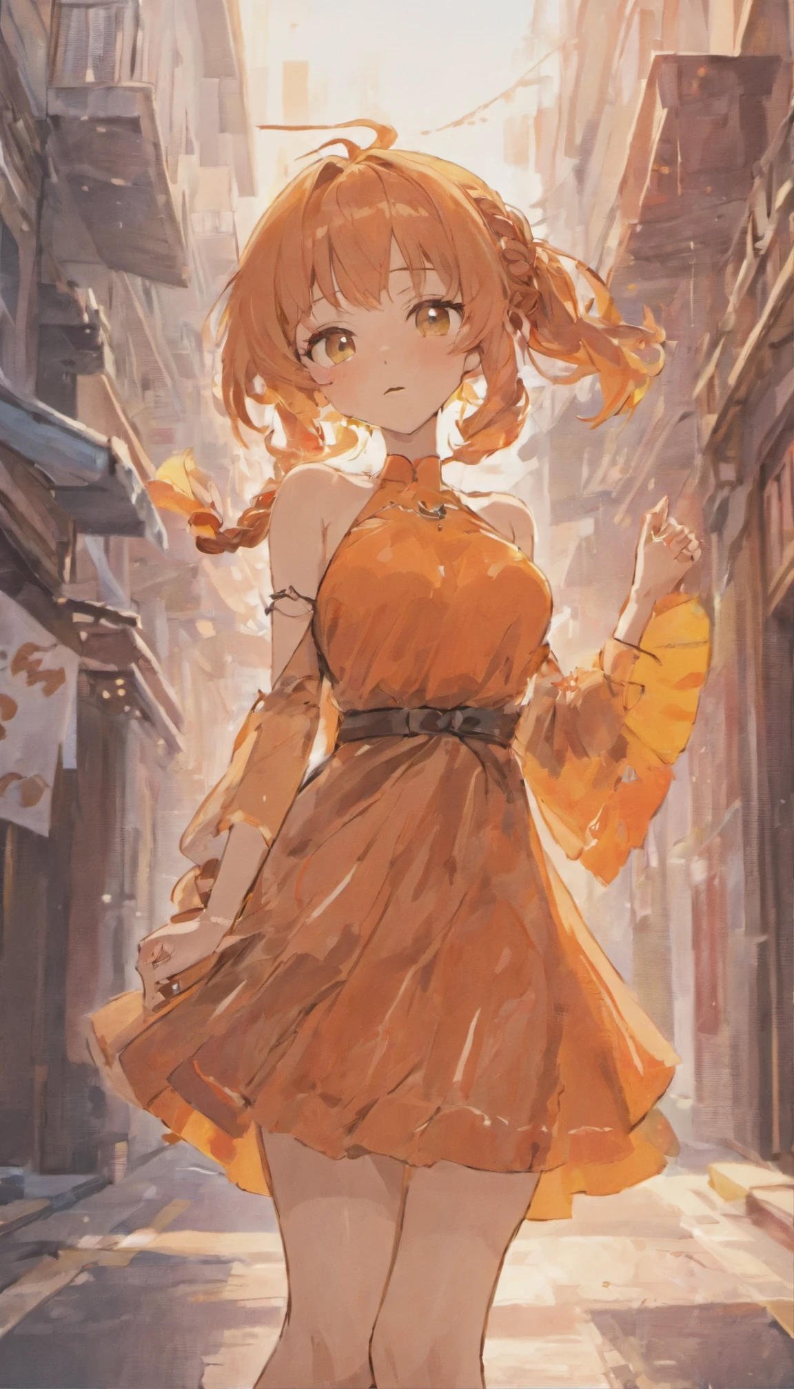 a woman posing on the street corner with orange dress on, best quality, 1girl, large breast, day, bright, blur background, bokeh, outdoor, (street:0.8), (people, crowds:0.8), (off-shoulder dress:1.2), gorgeous, (braided bangs:1.2), beautiful detailed sky, (dynamic pose:1.2), soft lighting, wind, shiny skin, (upper body:0.8), (freckles:0.8), mole under mouth,