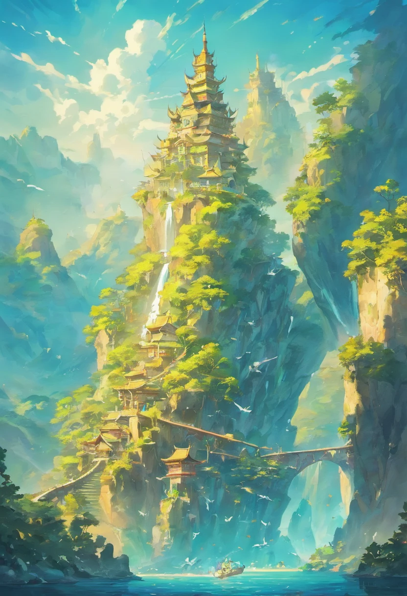 many flying islands, flying islands over ocean, flying kingdom, floating islands, floating realm, Ancient Fantasy, Highly detailed map, Detailed Map, Height Map magic floating islands, castles and towers, waterfall in the air,
