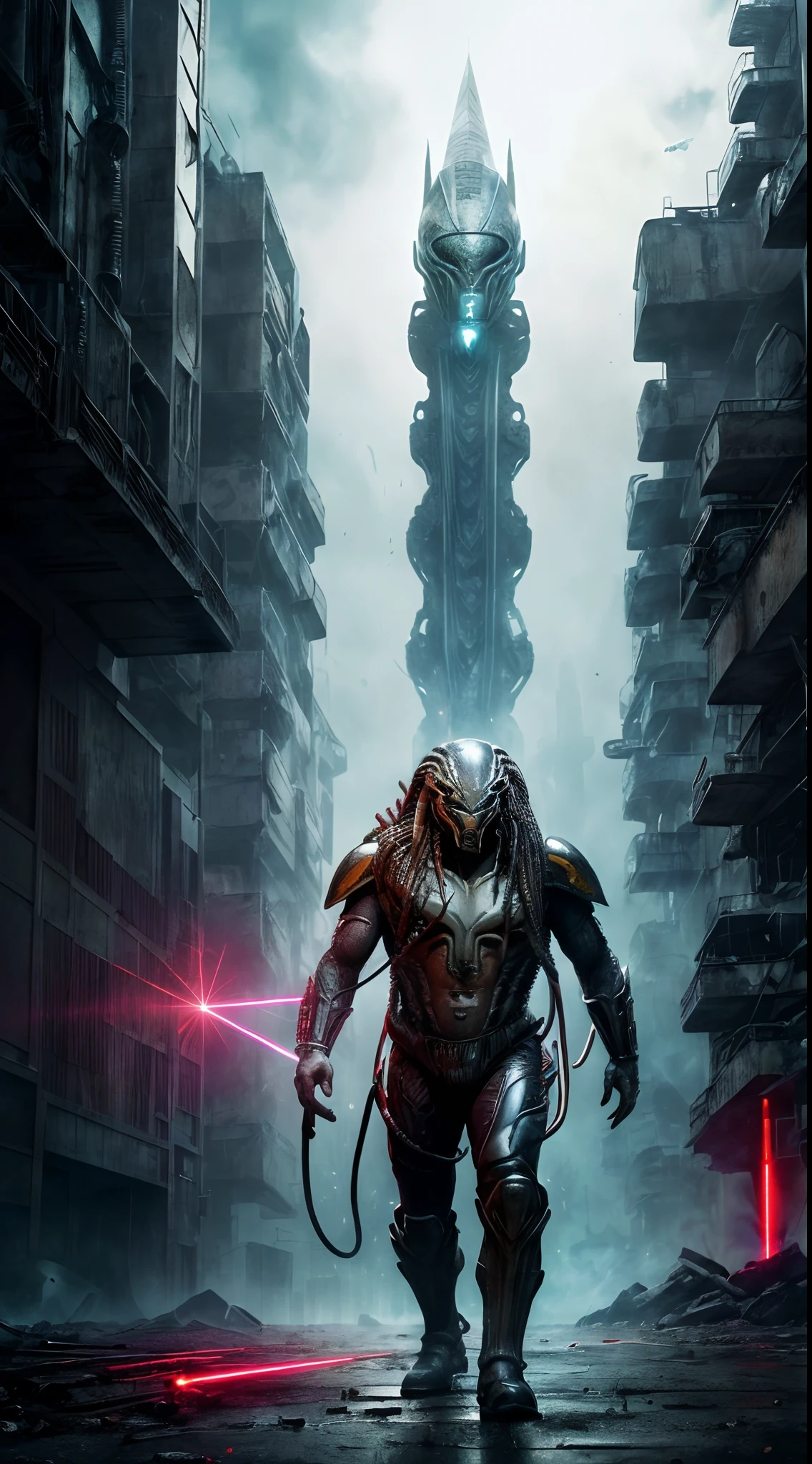 ((Predator with futuristic battle suit kills aliens with laser knife, dramatic epic battle of h.r. giger)), the characters are drawn in extremely detailed, surreal electric photo with futuristic misty neon dilapidated super city as background, dramatic thriller movie poster, in highest resolution with best quality, with fascinating details, masterpiece ever Award winning, trending on artstation.