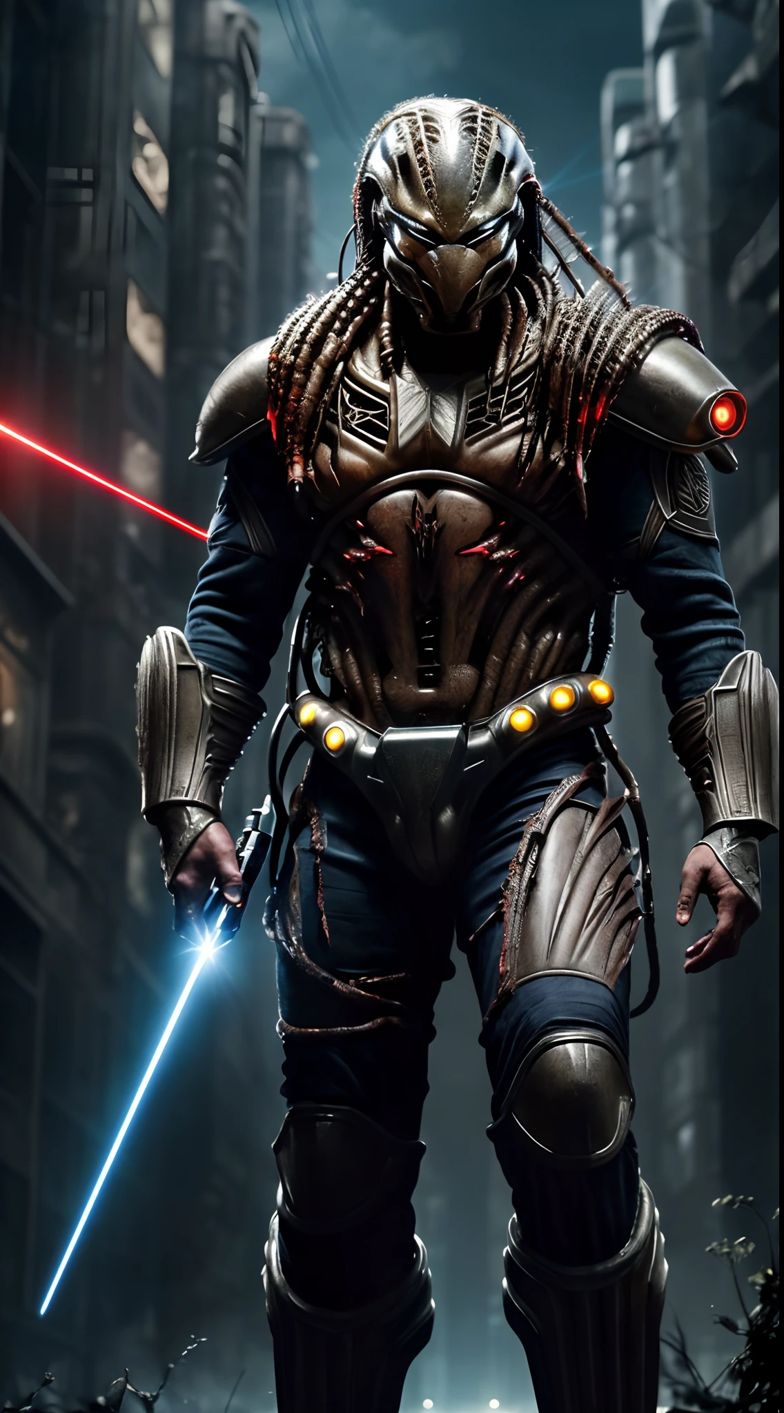 ((Predator with futuristic battle suit kills aliens with laser knife, dramatic epic battle of h.r. giger)), the characters are drawn in extremely detailed, surreal electric photo with futuristic misty neon dilapidated super city as background, dramatic thriller movie poster, in highest resolution with best quality, with fascinating details, masterpiece ever Award winning, trending on artstation.