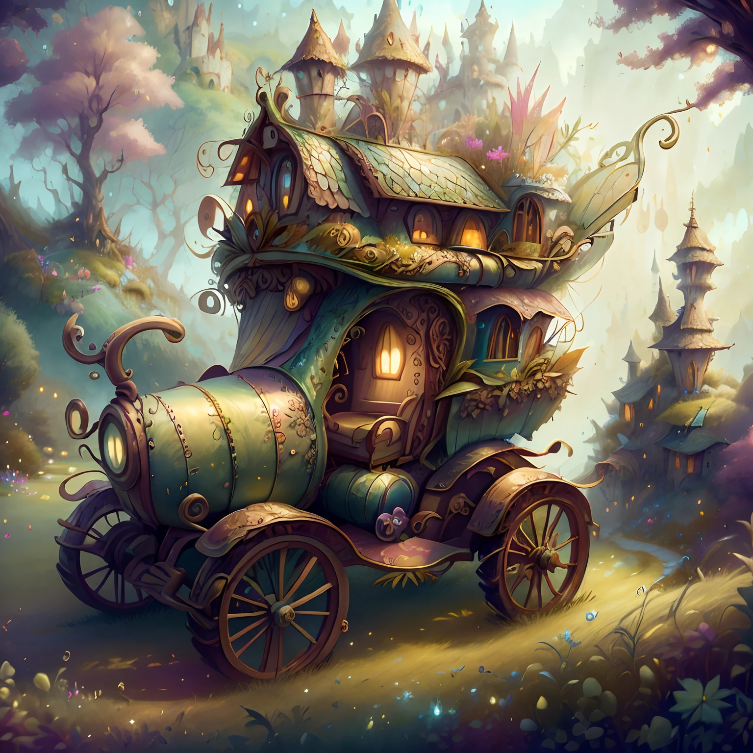 Model DreamShaper ,FairyTaleAI, An unusual carriage made of leaves and grass stands on the road against the background of a mountainous area , Its wheels are made of wood ,  Front light.