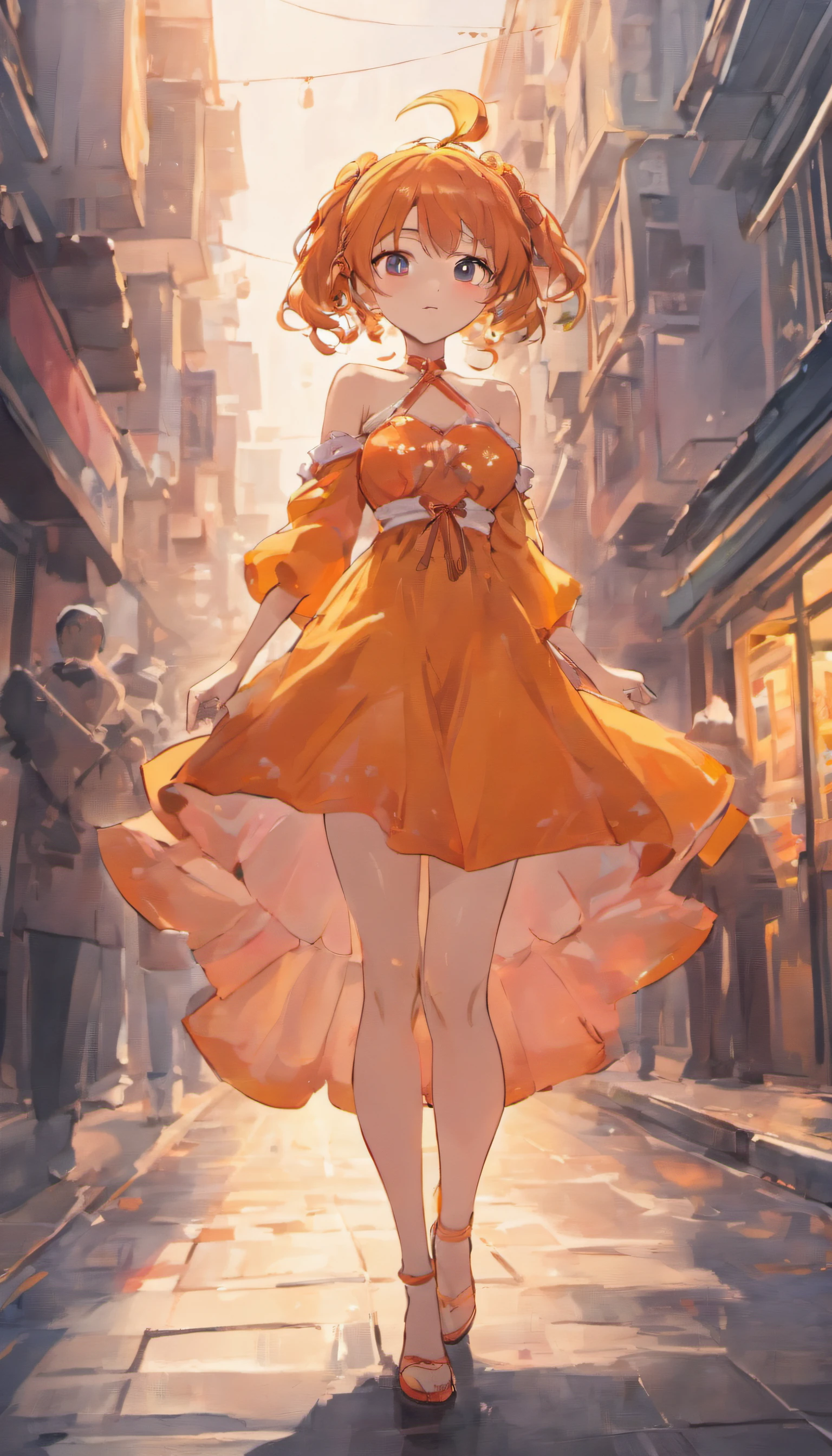 a woman posing on the street corner with orange dress on, best quality, 1girl, large breast, day, bright, blur background, bokeh, outdoor, (street:0.8), (people, crowds:0.8), (off-shoulder dress:1.2), gorgeous, (braided bangs:1.2), beautiful detailed sky, (dynamic pose:1.2), soft lighting, wind, shiny skin, (upper body:0.8), (freckles:0.8), mole under mouth,