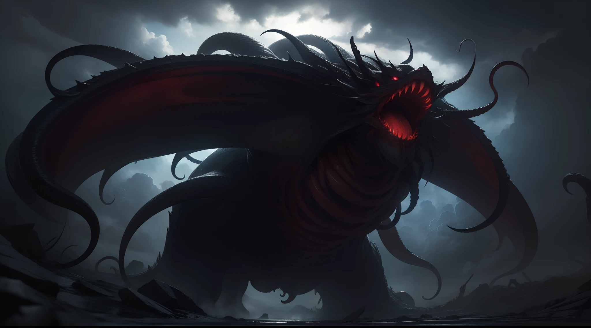 1 largest Japanese style evil god, Tentacles ,from below,front, wide shot, background thundercloud, high resolution,(incredibly absurdres),anime visual,extremely detailed CG unity 8k wallpaper, ((masterpiece)), ((top-quality)), (beautiful illustration), ((an extremely delicate and beautiful))