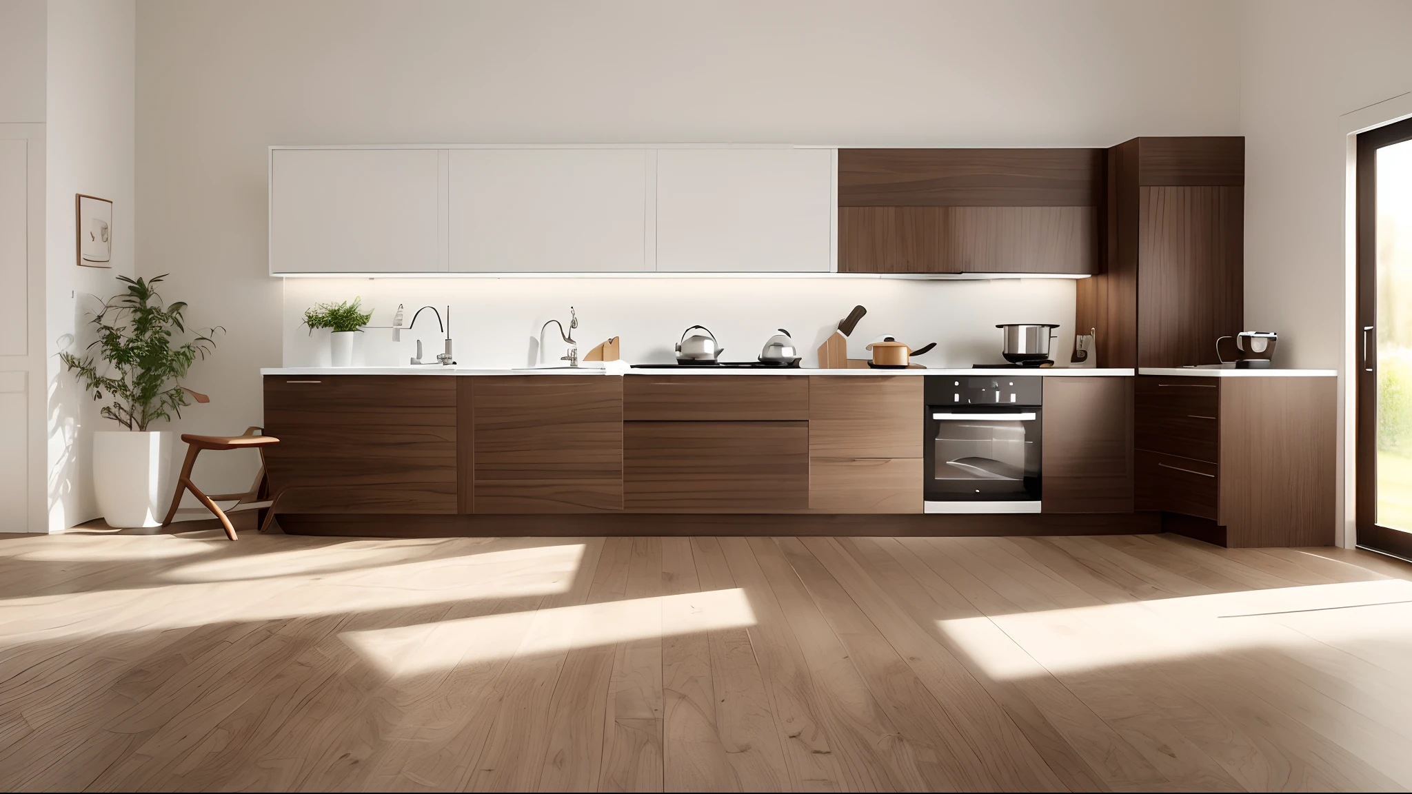 (Morden minimalist design walnut kitchen:1.2), (photo realistic:1.2), (supper detail:1.2), pub chair (black:white), daylight, Unreal Engineer 8K, full HD 8K, cinematic lighting, warm light