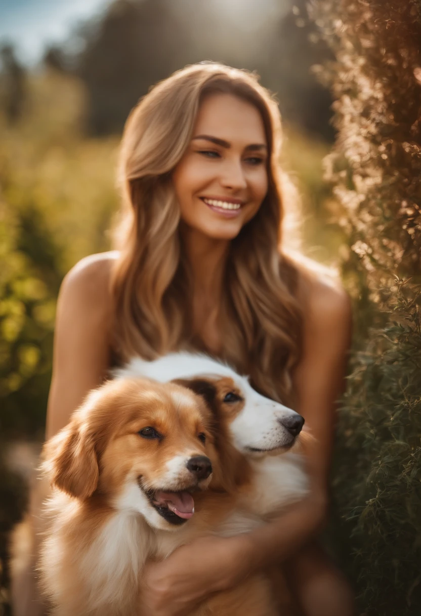 Make a picture with a lot of dogs and cats on a sunny place smiling