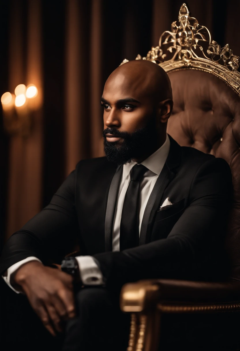 brown skin man,physically well built, sitting on throne,crown,very short beard,bald,black business attire