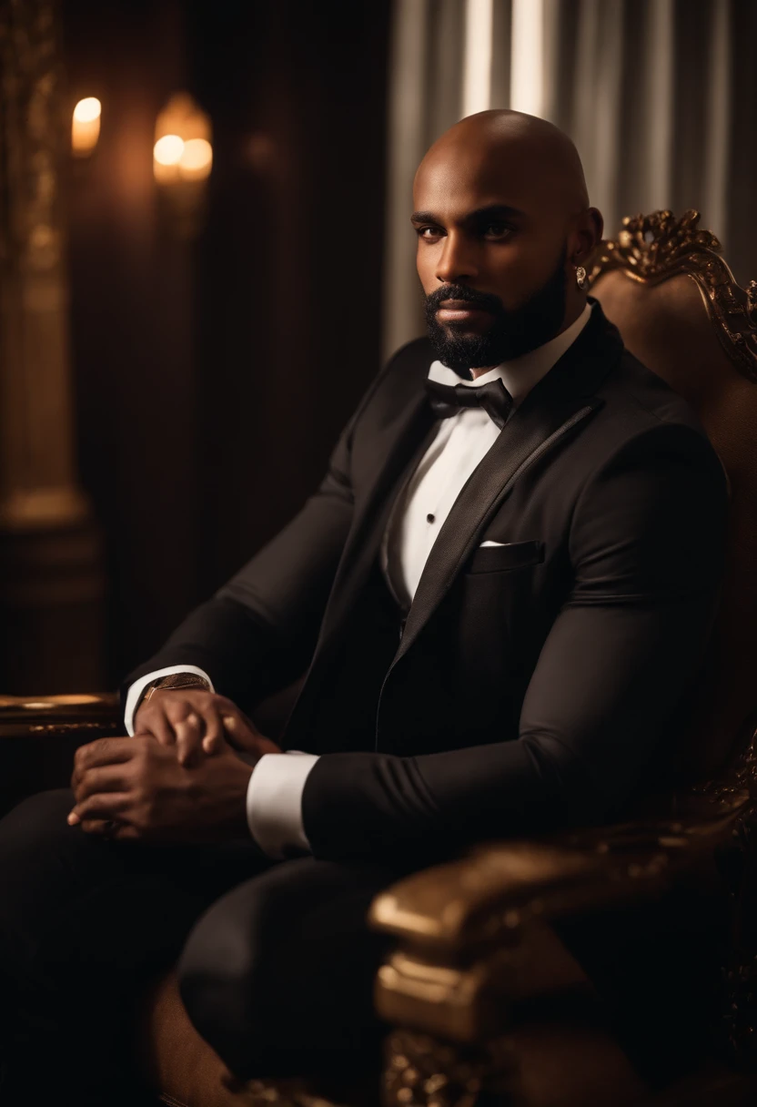 brown skin man,physically well built, sitting on throne,crown,very short beard,bald,black business attire