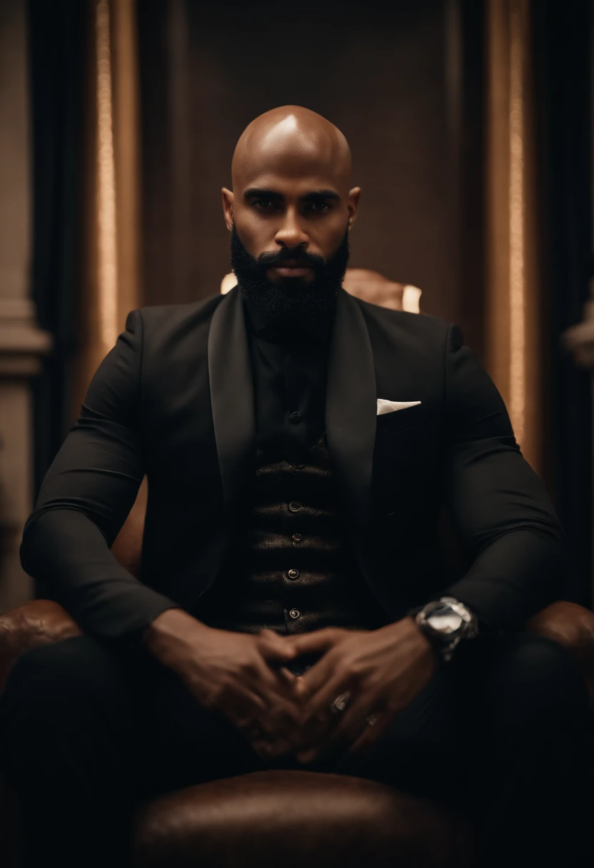 brown skin man,physically well built, sitting on throne,crown,very short beard,bald,black business attire