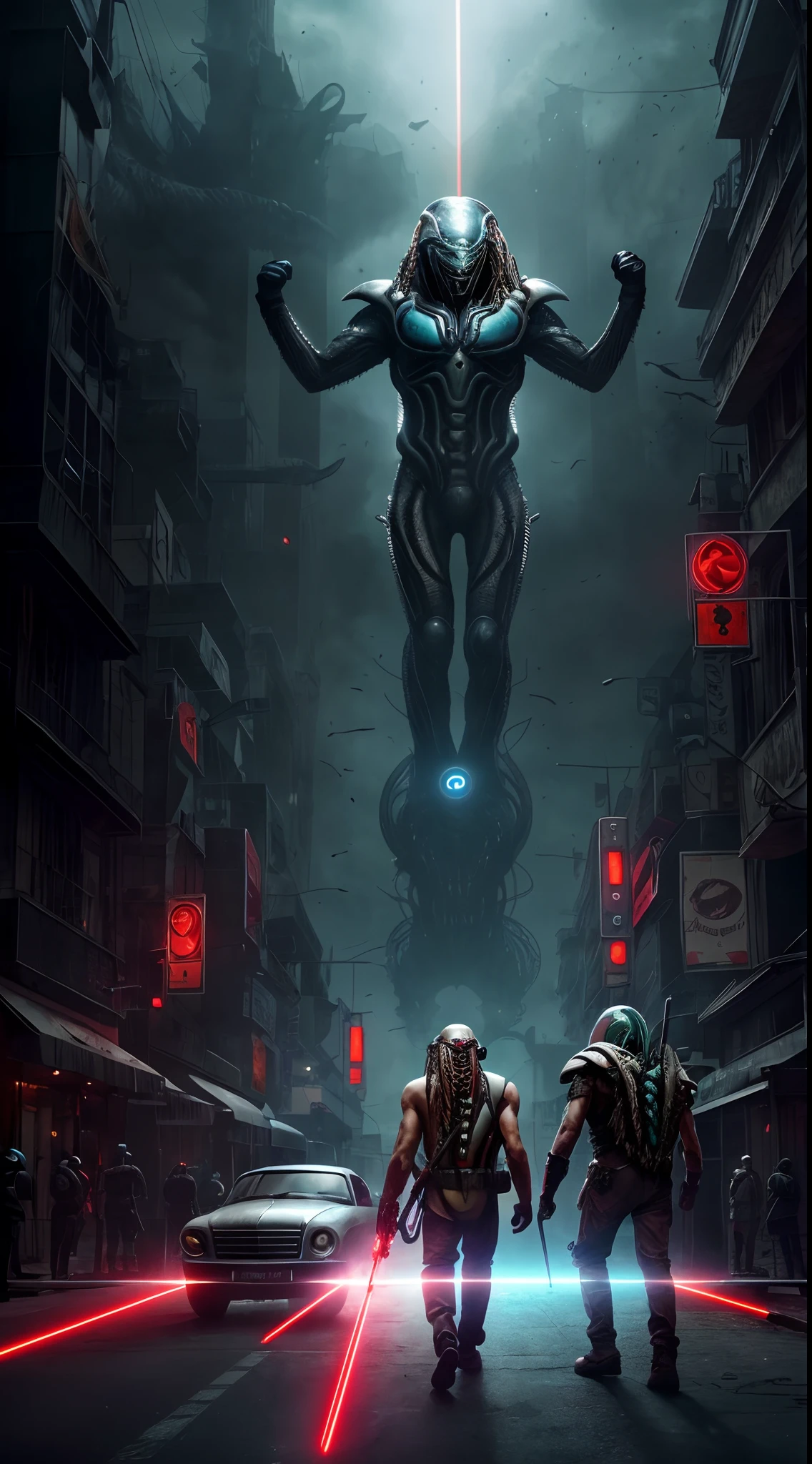 ((Predator wiith futuristic battlesuit killing an alien with a laser-knife, dramatic epic figh by h.r. giger)), cinematic hyperrealistic highly detailed drawn characters with foggy future neonlight mega-city at night as background, thrlling dramatic movie poster, in highst resolution in best quality, with intigue deatails, award winning masterpiece, trending on artstation.