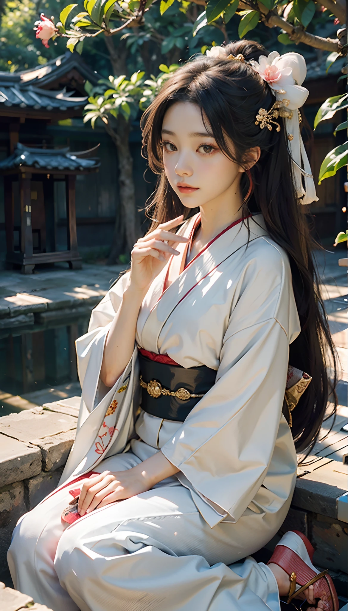 meticulous portrayal of face，1 noblewoman，(Hairpins)，(Camellia kimono)，(Long flowing colored hair)，Simple and elegant Japanese clothing，Collar，(black sock+，clogs)， s the perfect face， perfect hand， Perfect Finger， Perfect lips， perfect  eyes，Extremely normal body，Ancient Japanese town background，Perfect background